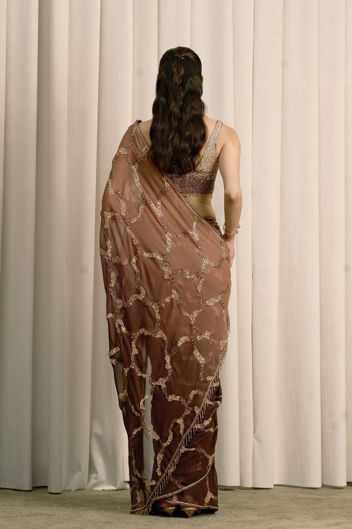 Brown Abstract Sequin Saree Set