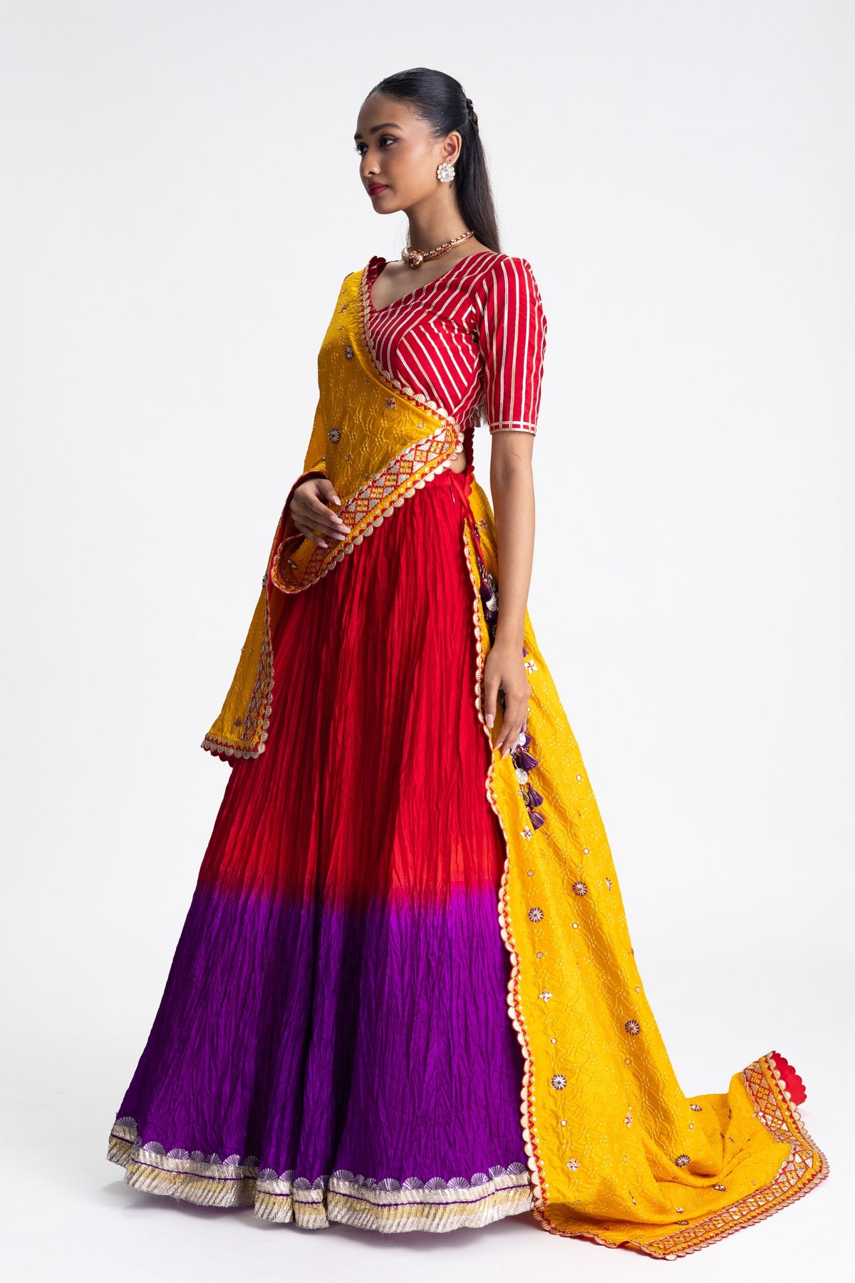 Red Purple Crushed Lehenga