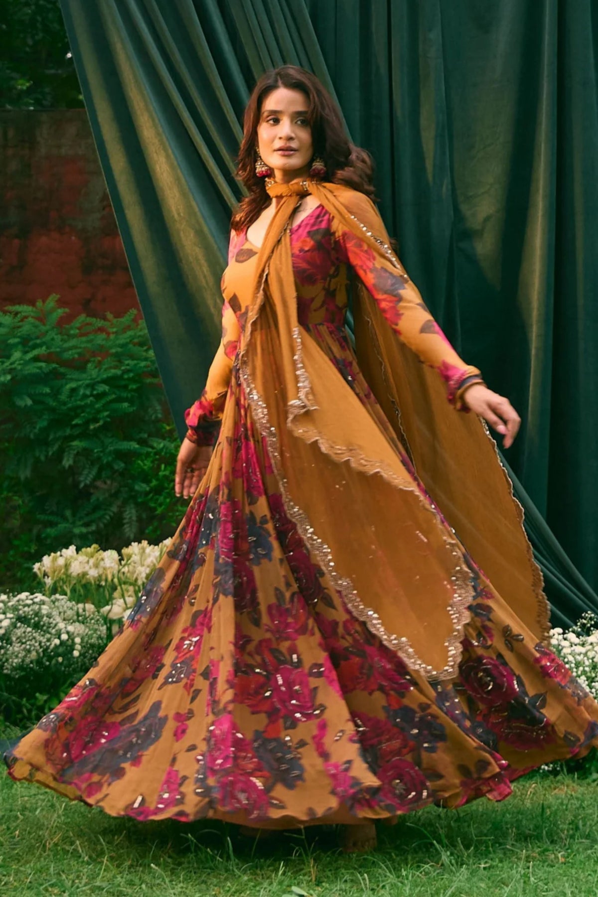 Mustard Floral Anarkali Set