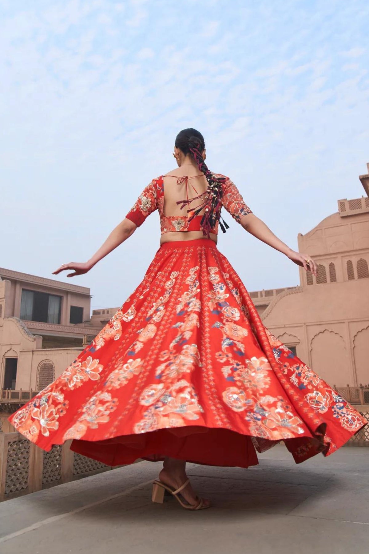 Red Moroccan Kali Wala Lehenga Set