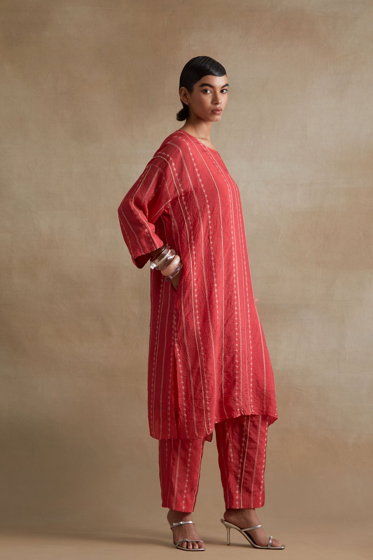 Tomato Beaded Embroidered Kurta Set