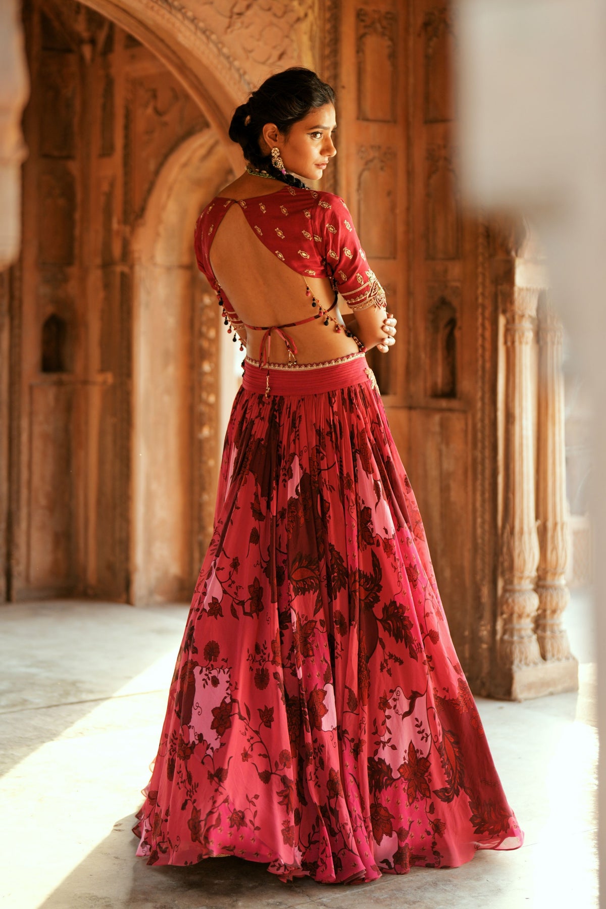Pink Floral Organza Lehenga Set