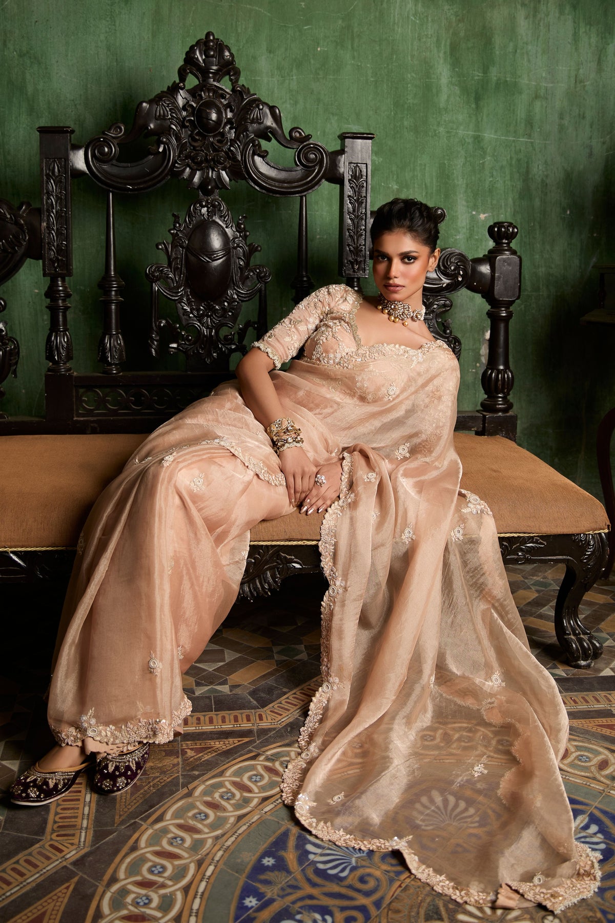 Peach Tissue Saree Set