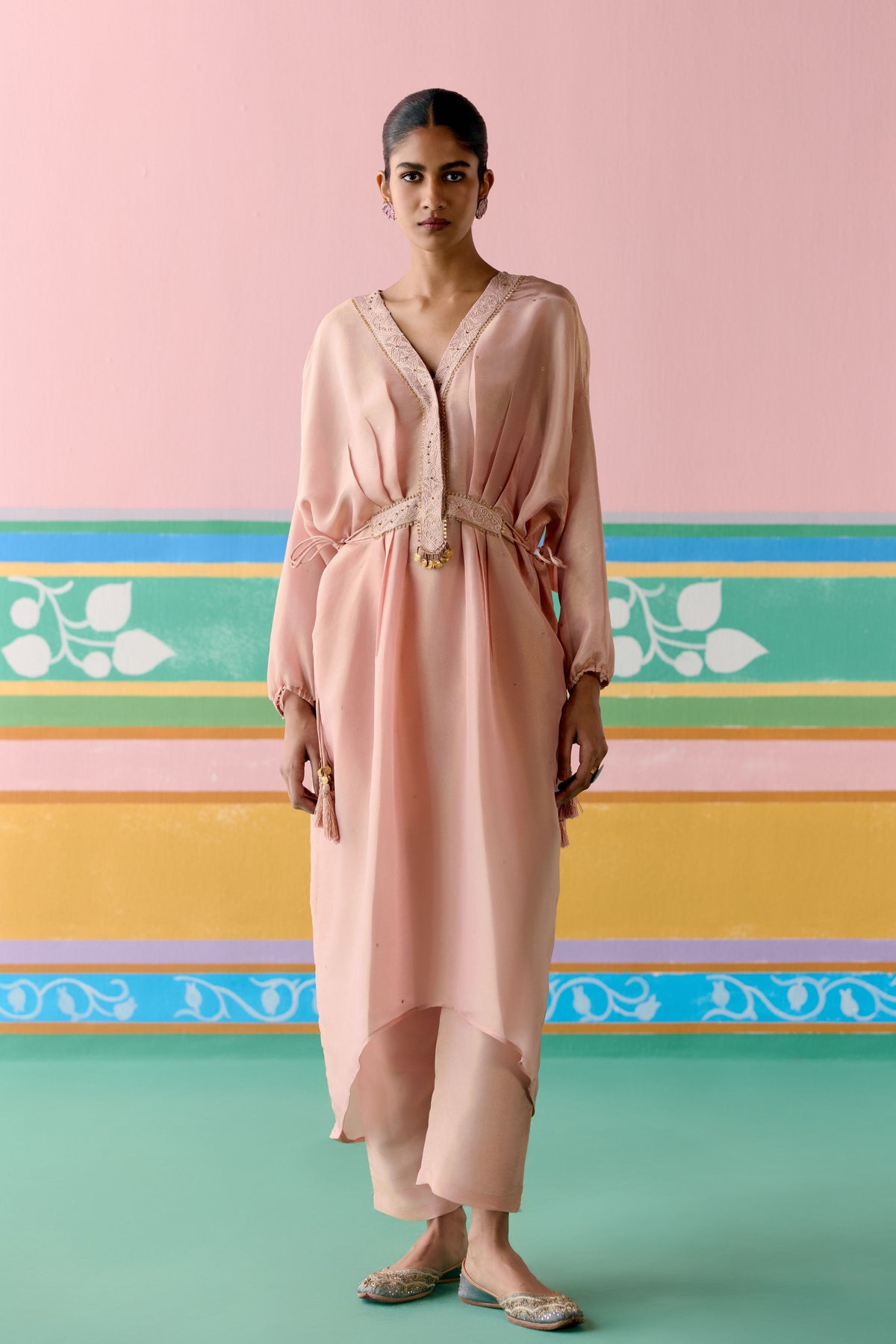 Peach Embroidered Long Kaftan Set