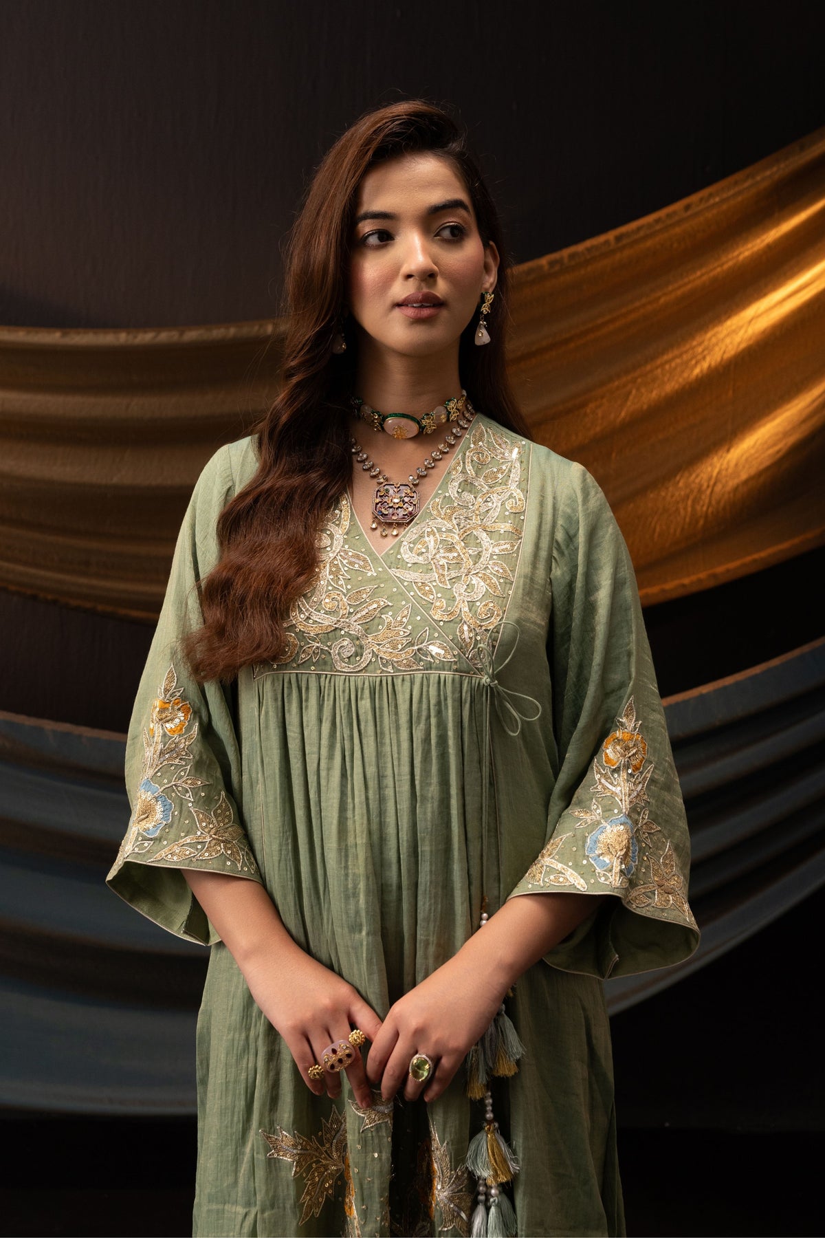 Teal 3D Embroidered Kurta Set