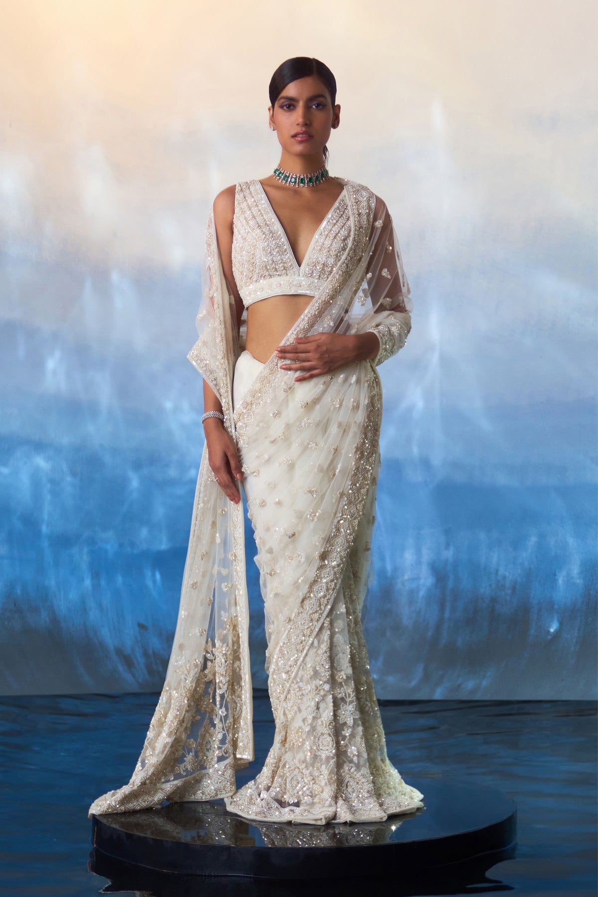 Ivory Embroidered Saree Set