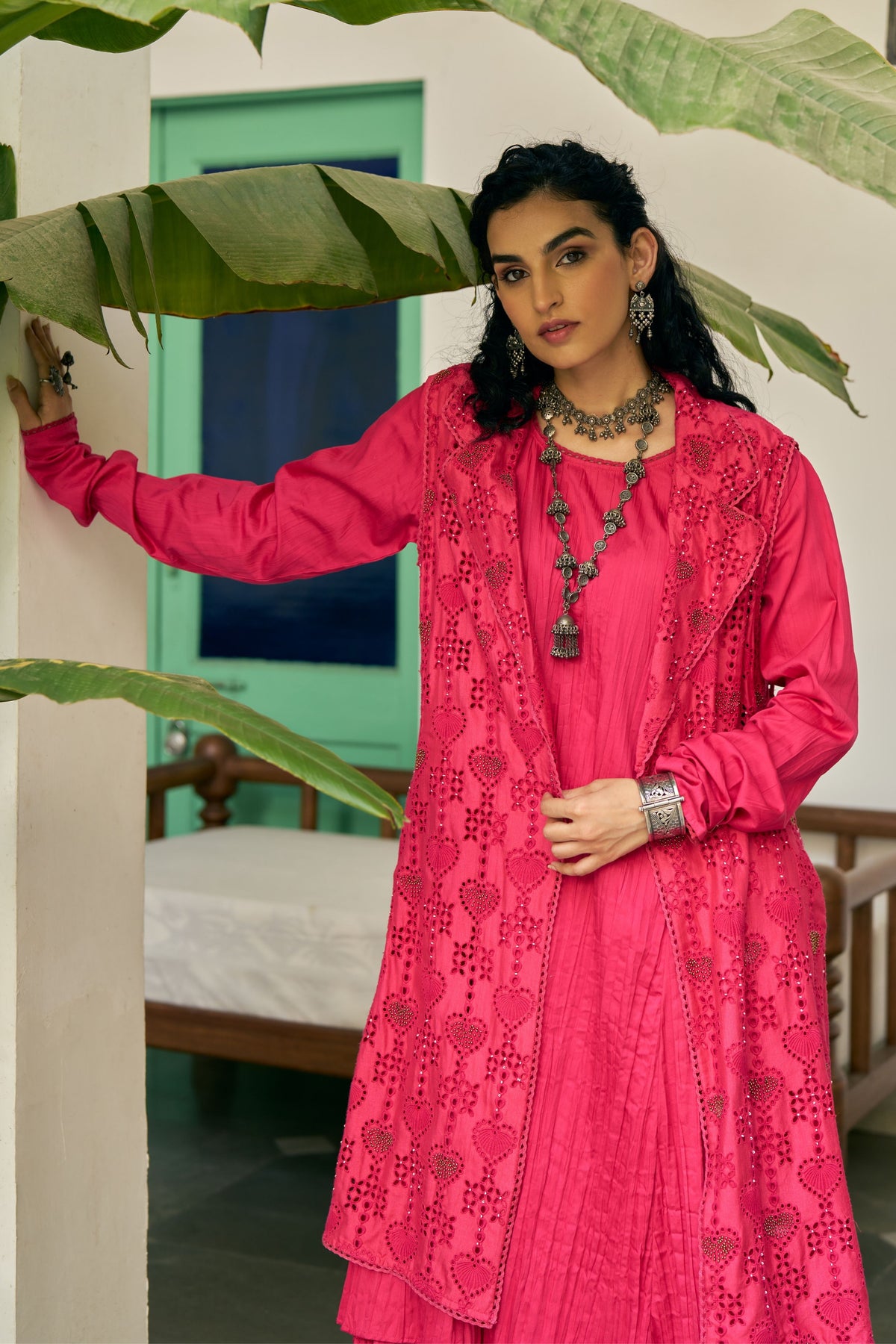 Fuschia Heart Cutwork Jacket Set