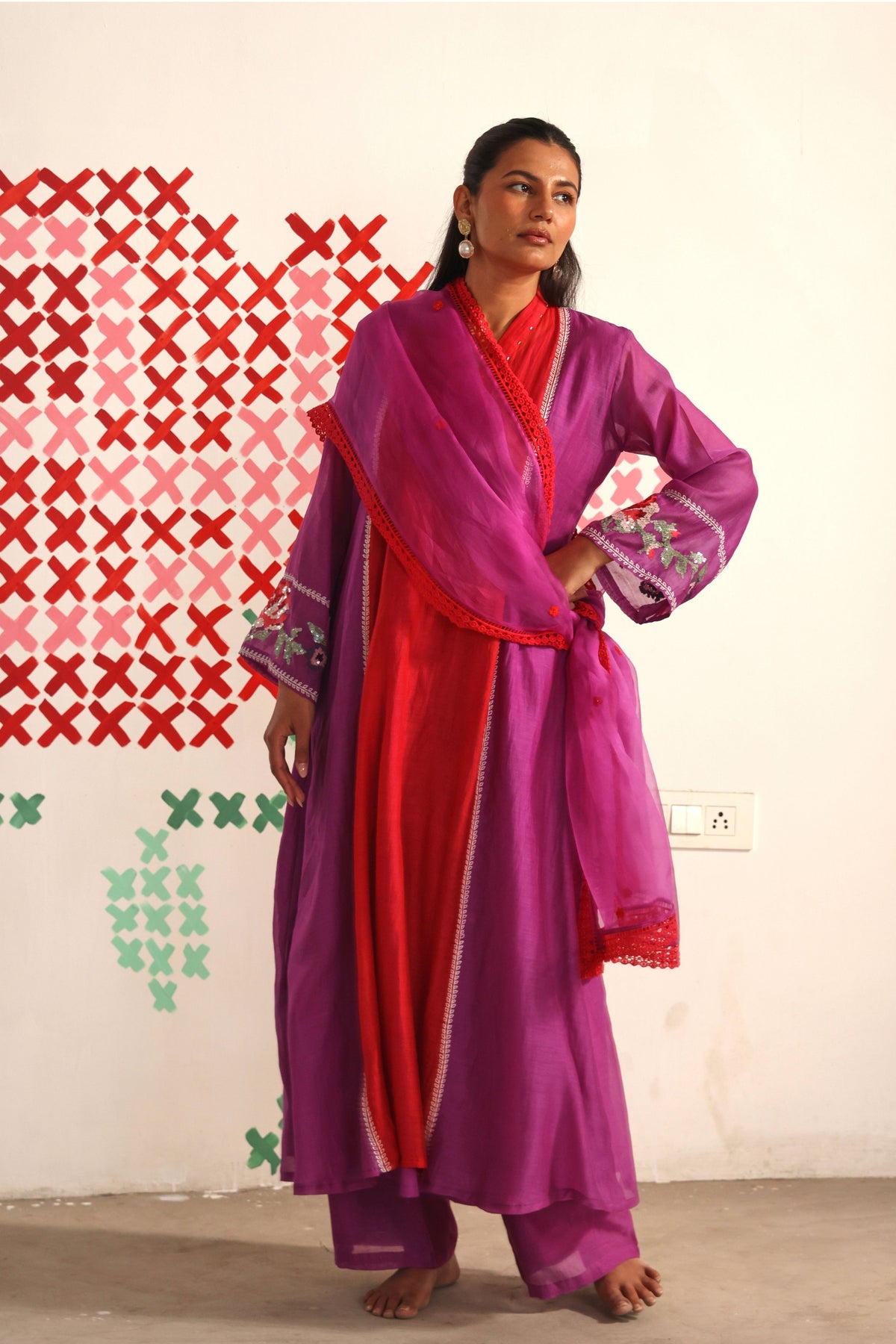 Red Purple Petal Kurta Set