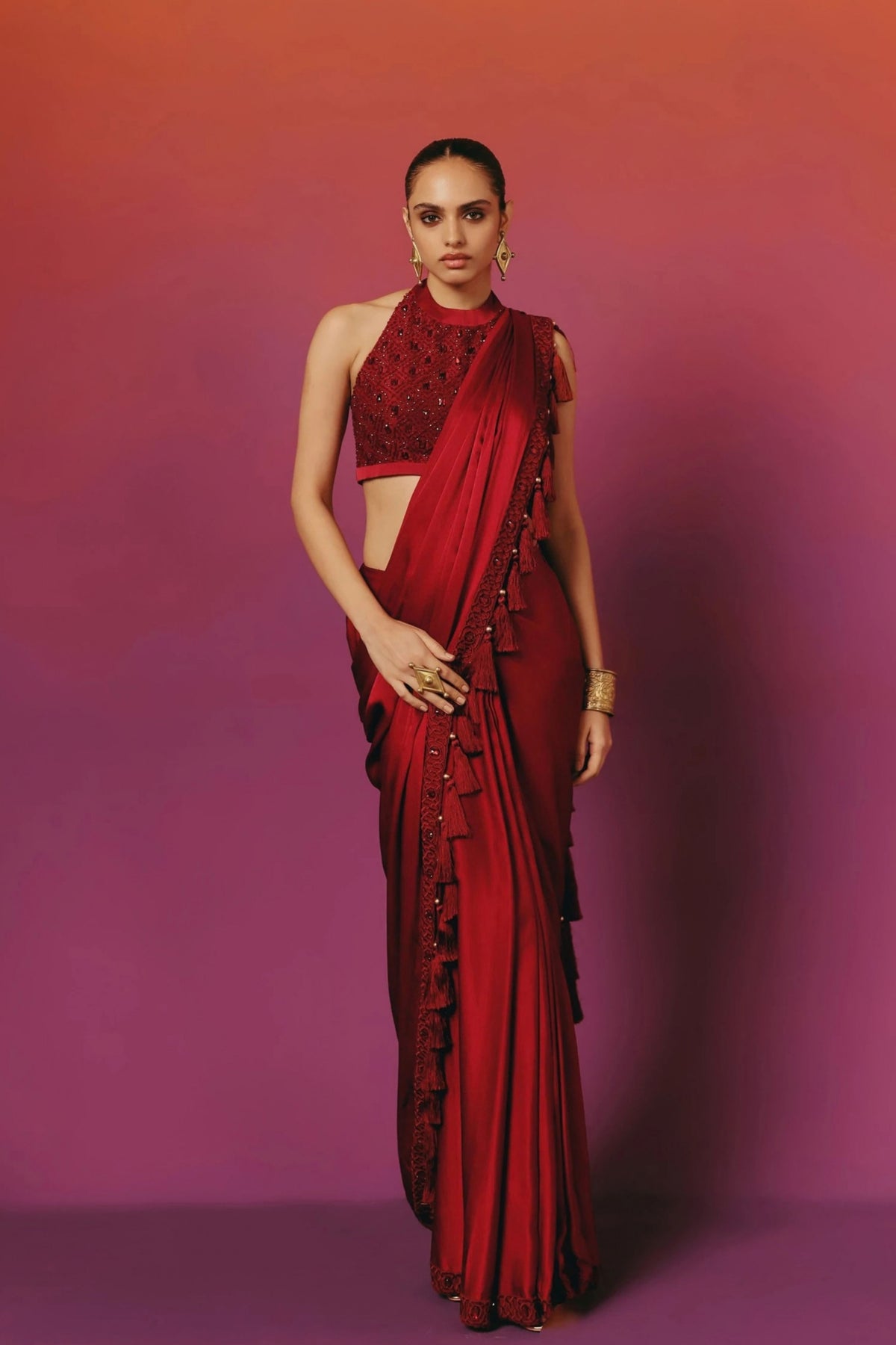 Crystal Red Draped Saree Set