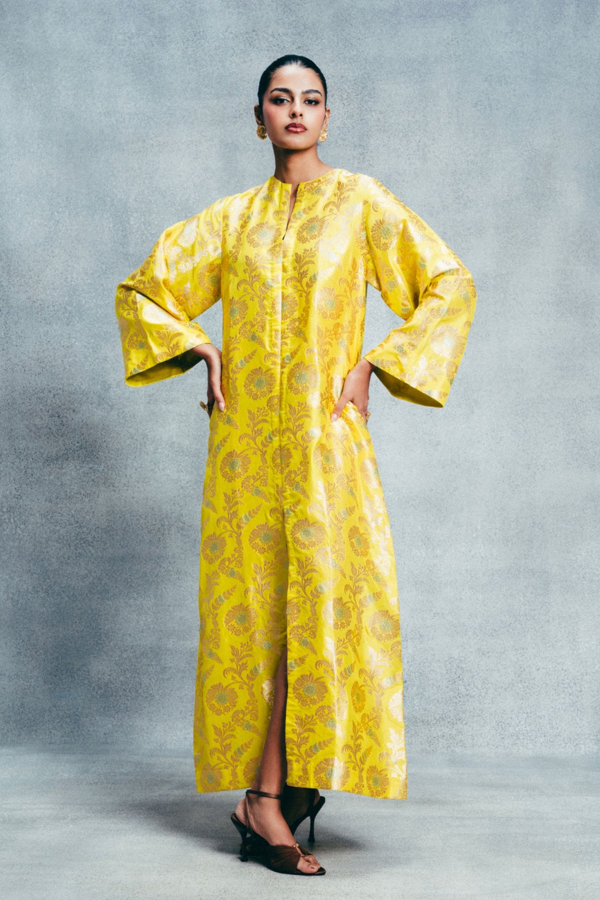 Handwoven Canary Yellow Banarasi Kaftan