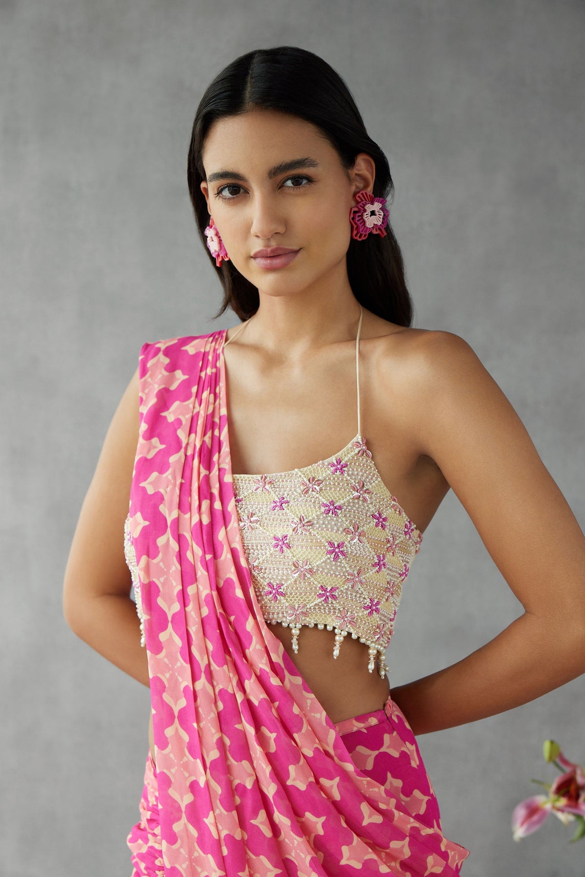 Knockout Pink Printed Saree Set