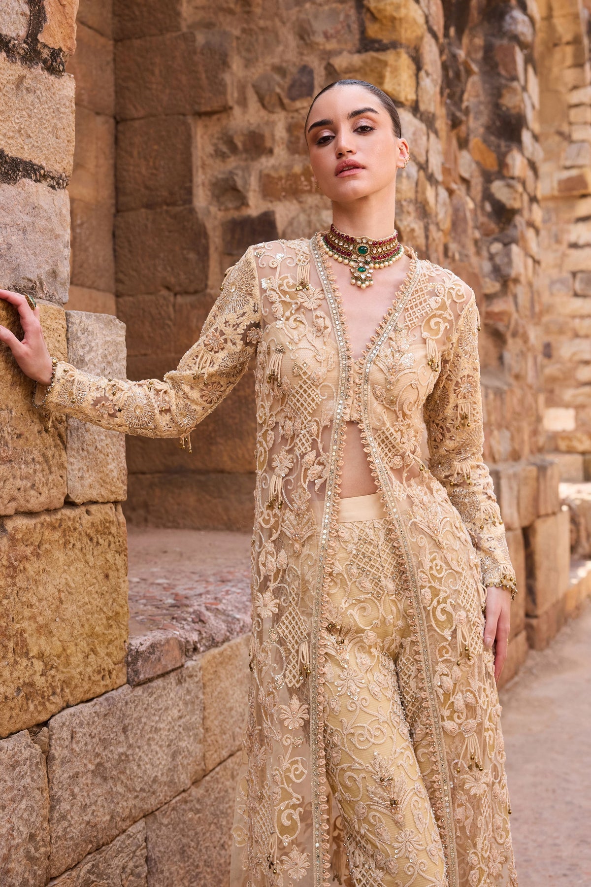 Champagne Embellished Long Jacket Set