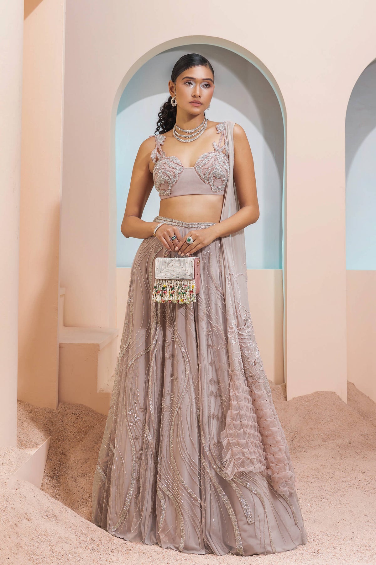 Burnt pink waves lehenga set
