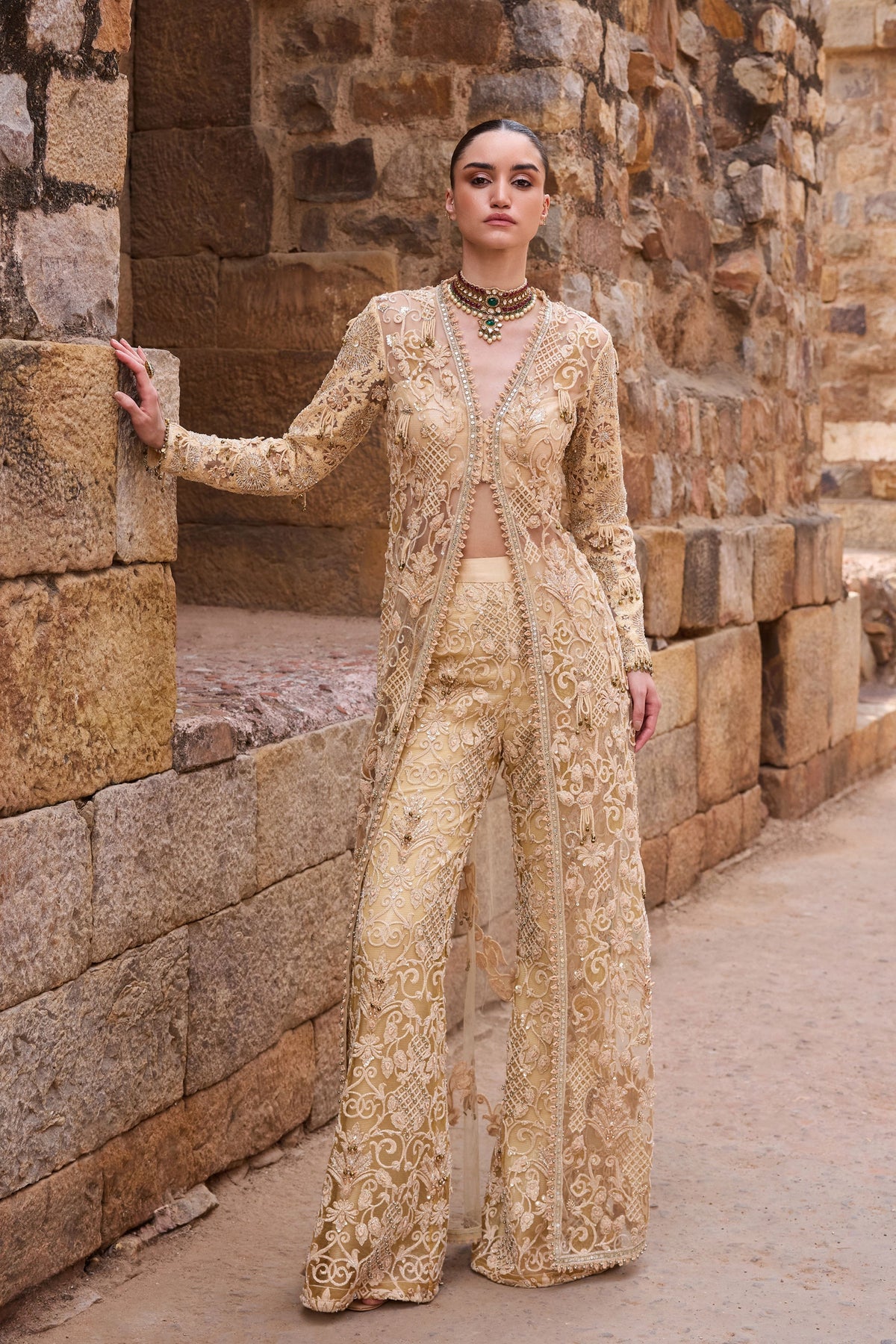 Champagne Embellished Long Jacket Set
