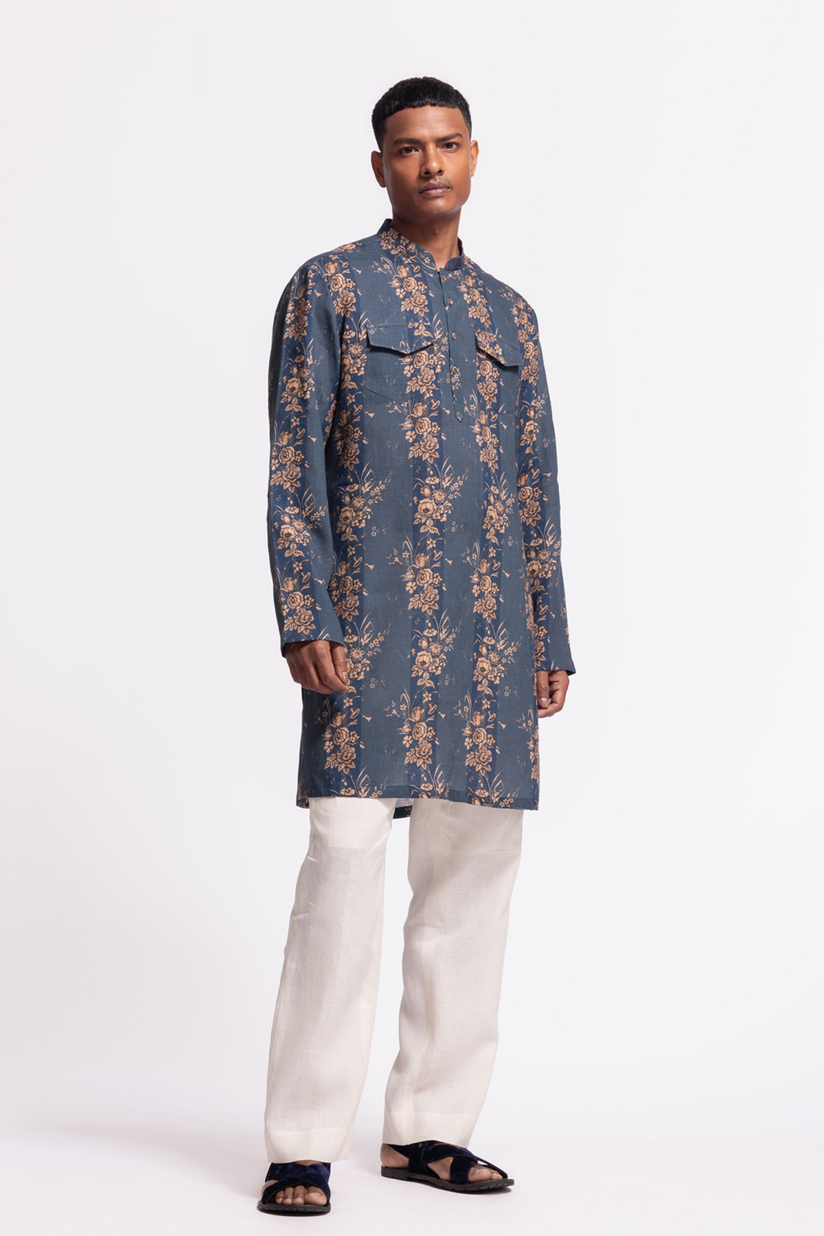 Floral Printed Linen Short Kurta With Pockets