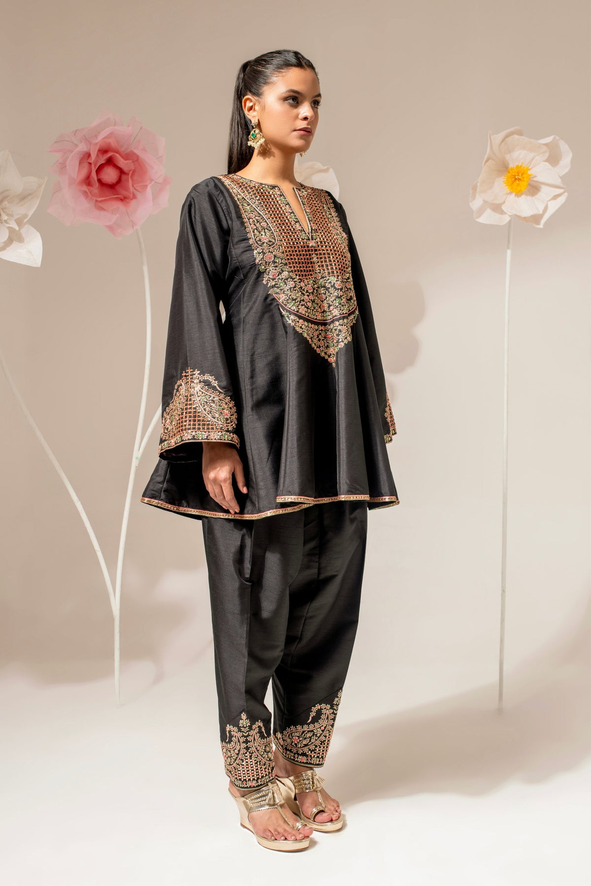 Black Silk Embroidered Kalidar Kurta Set