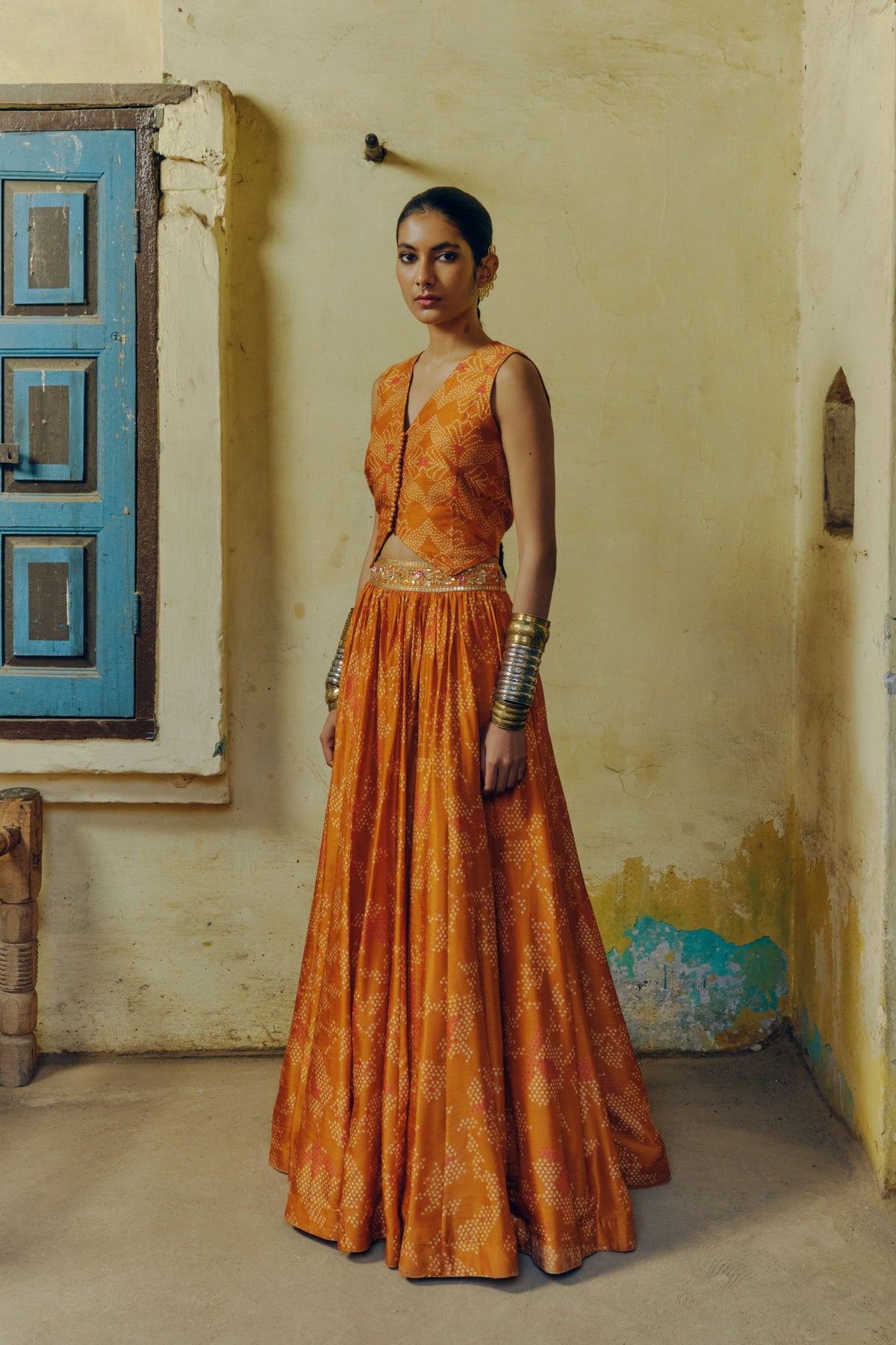 Ochre Print Lehenga Set