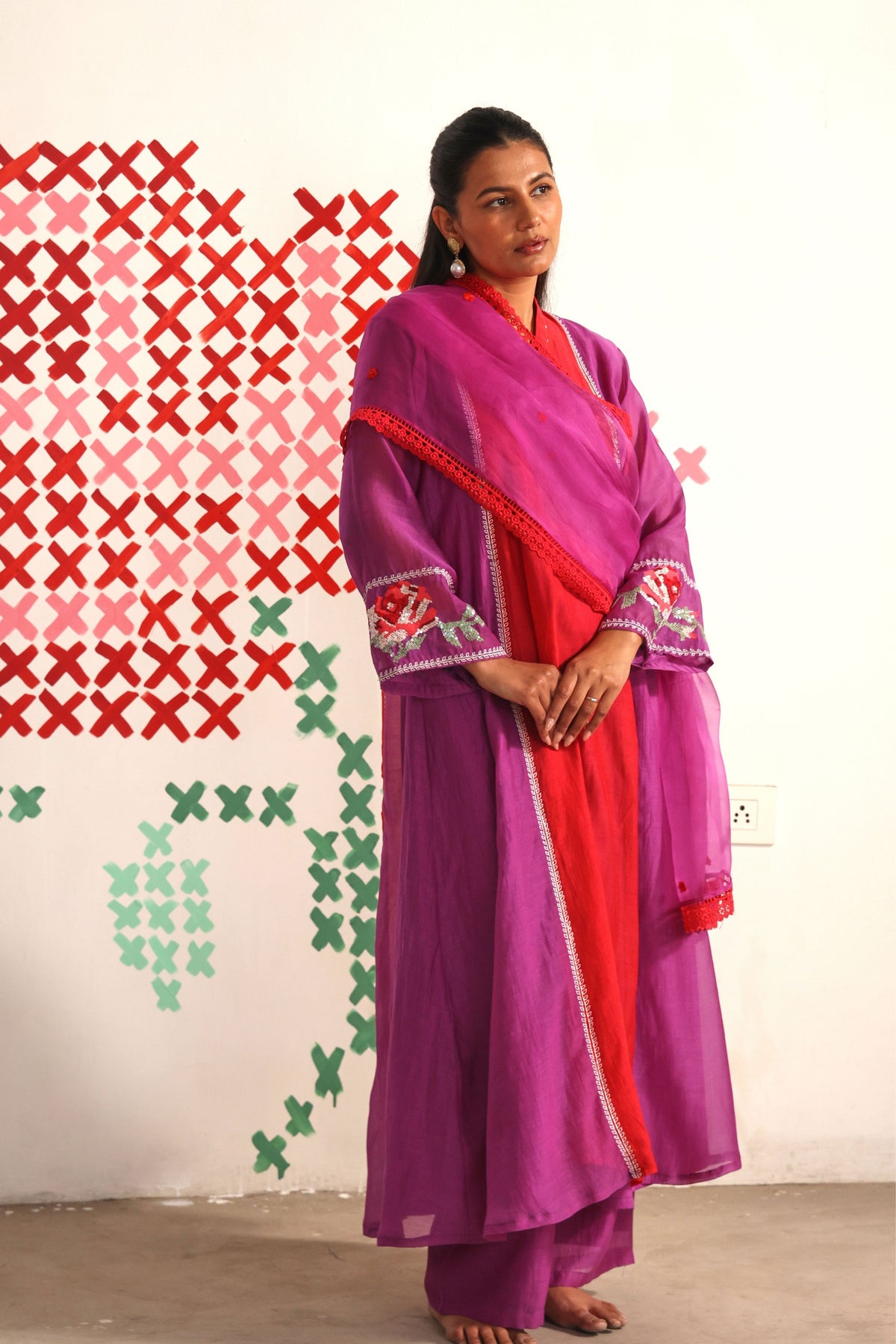 Red Purple Petal Kurta Set