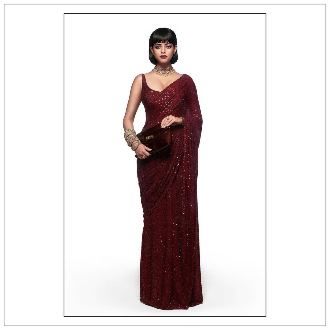 The Akashtara Sequin Saree in Burgundy