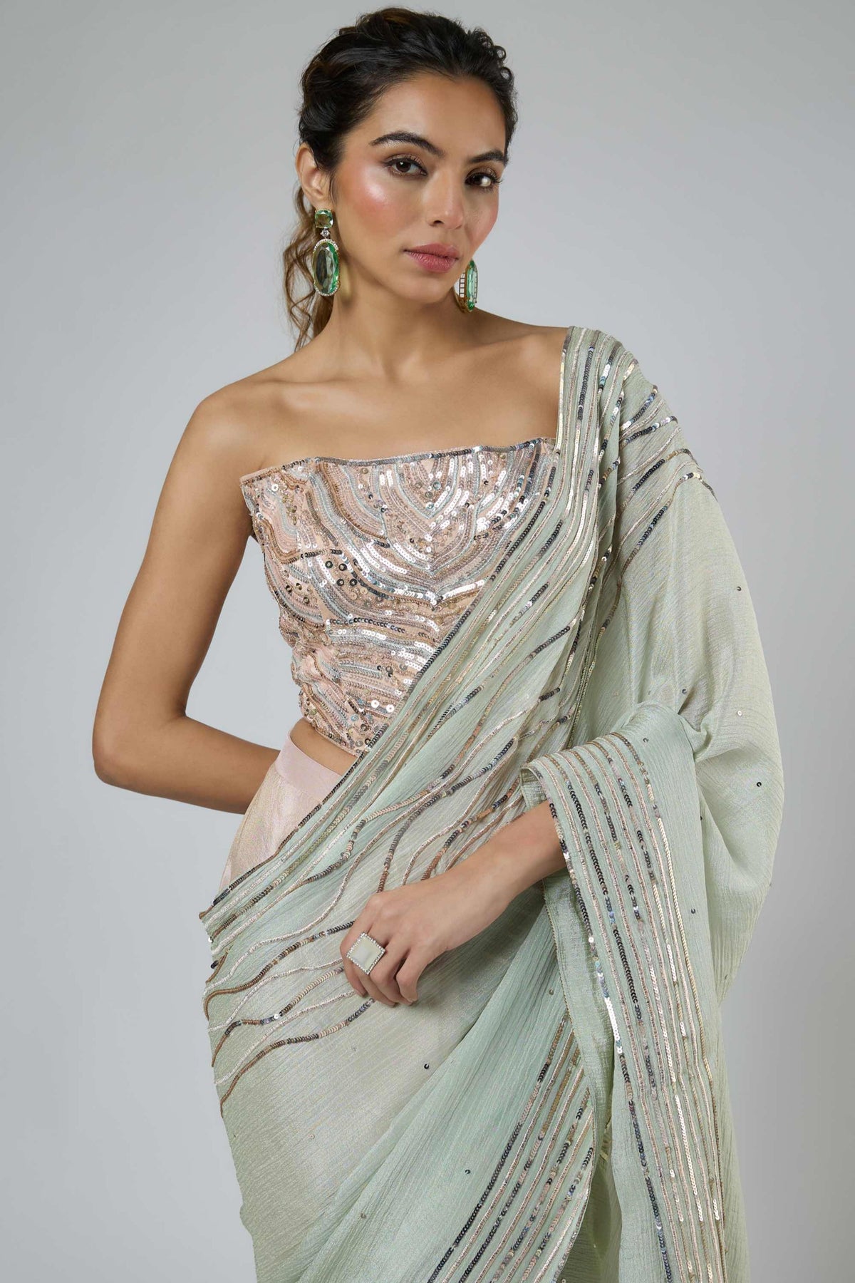 Mint Ombre Draped Saree Set