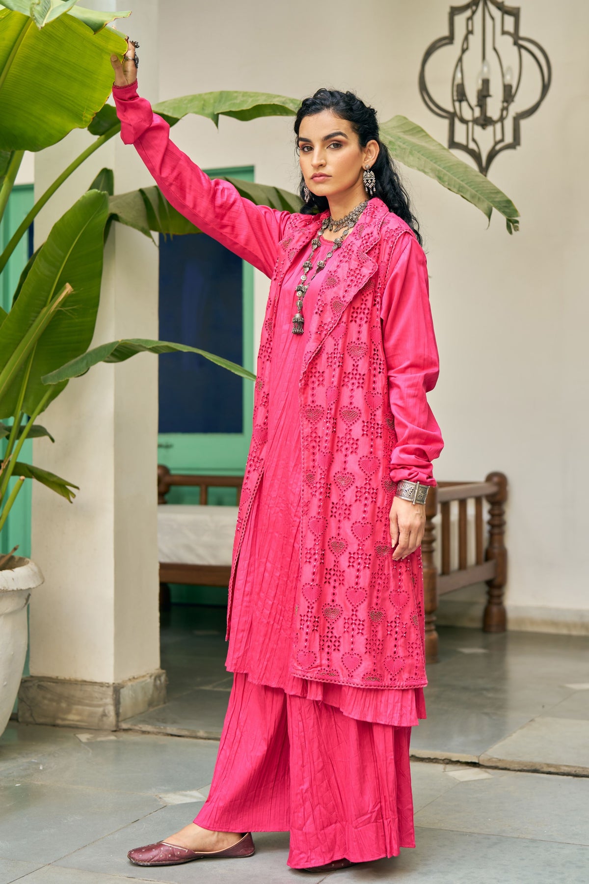 Fuschia Heart Cutwork Jacket Set