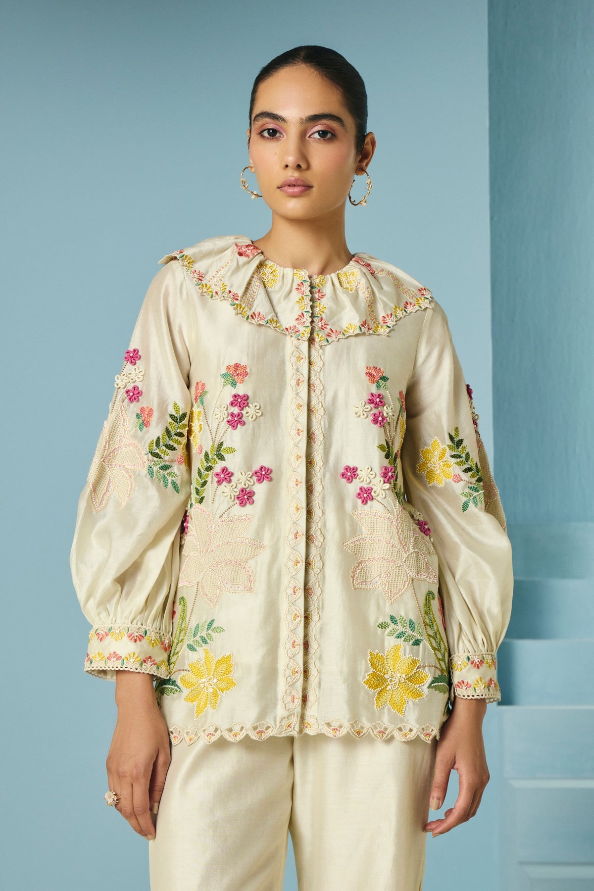 Ivory Floral Embroidered Shirt