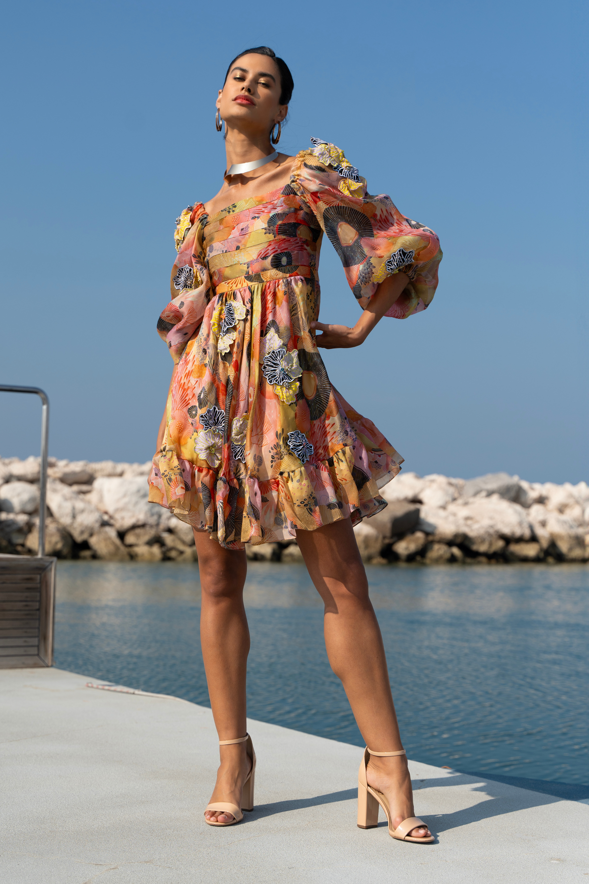 Ameoba Printed Dress With 3d Motif