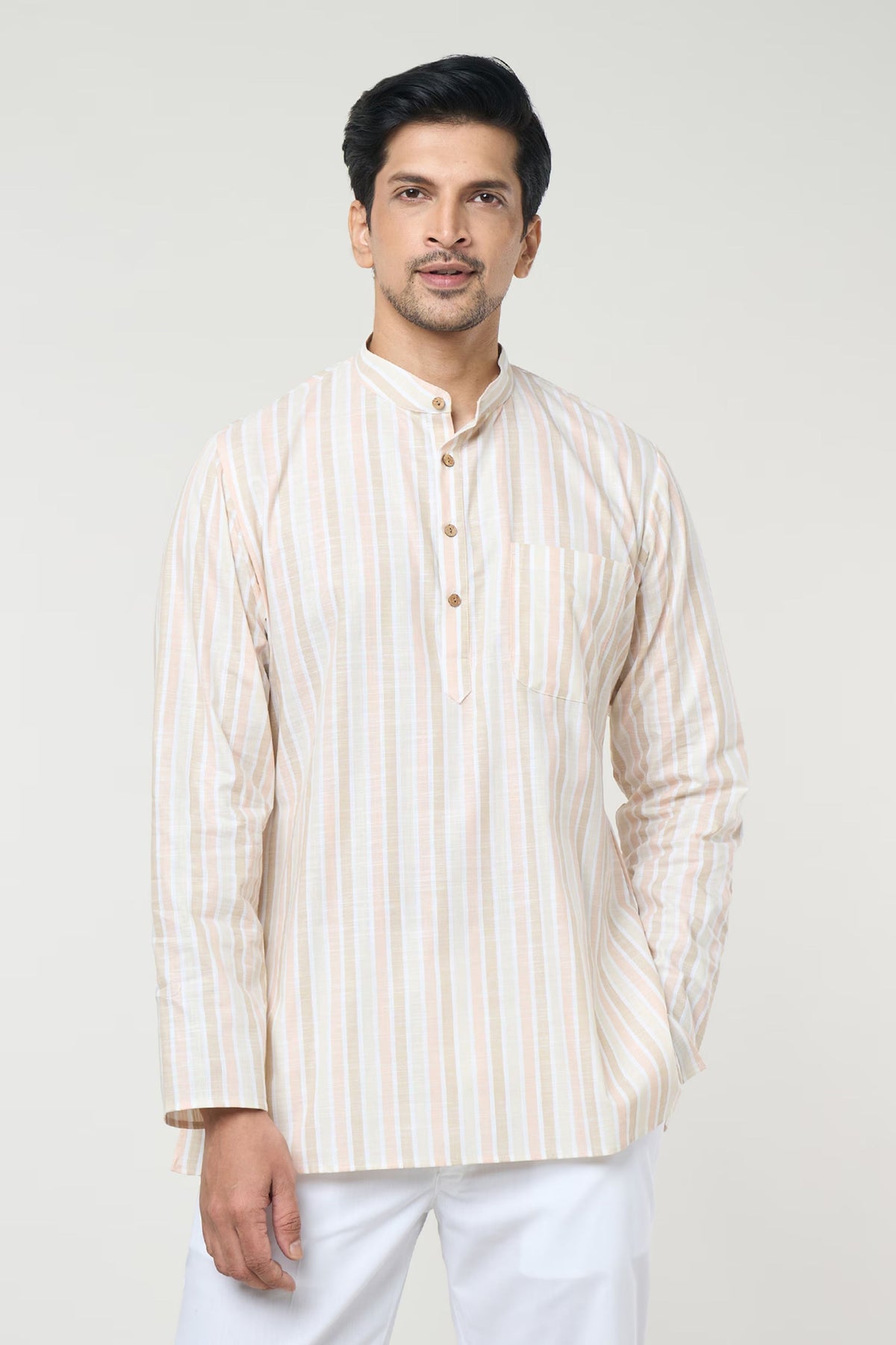 Beige Striped Printed Shirt Set