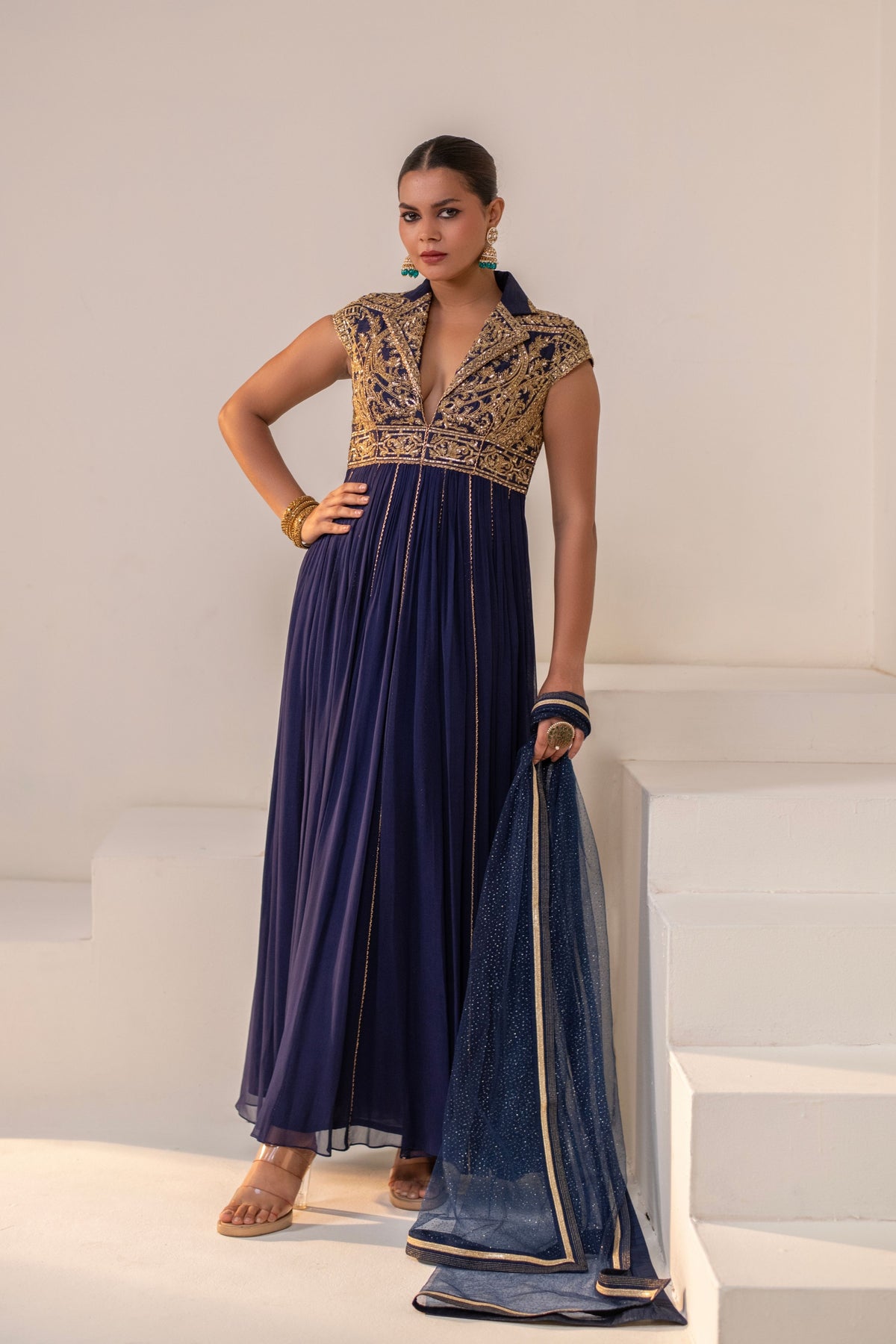 Navy Blue Lapel-Collared Anarkali
