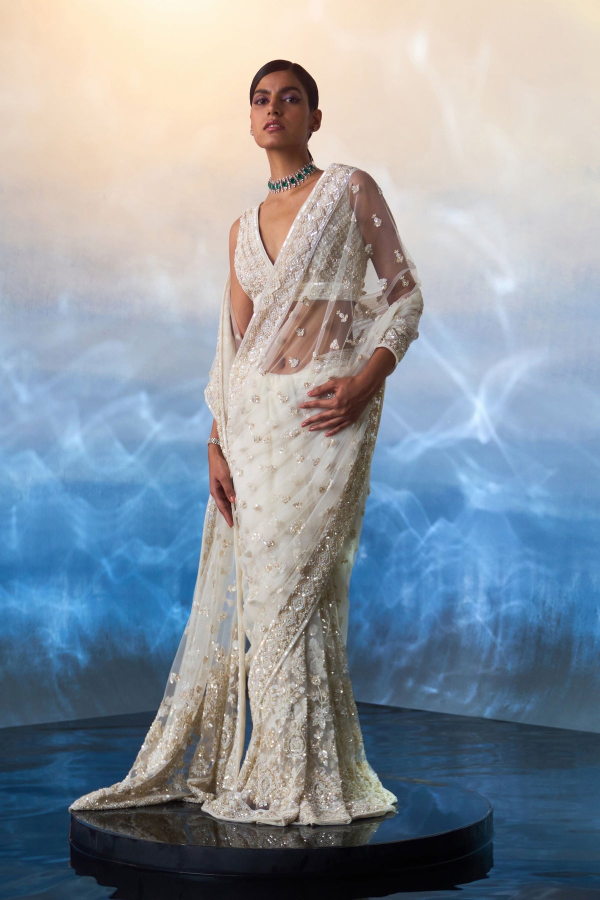 Ivory Embroidered Saree Set