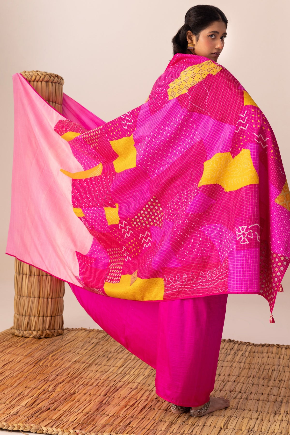 Rani Multi Bandhani Patchwork Saree set