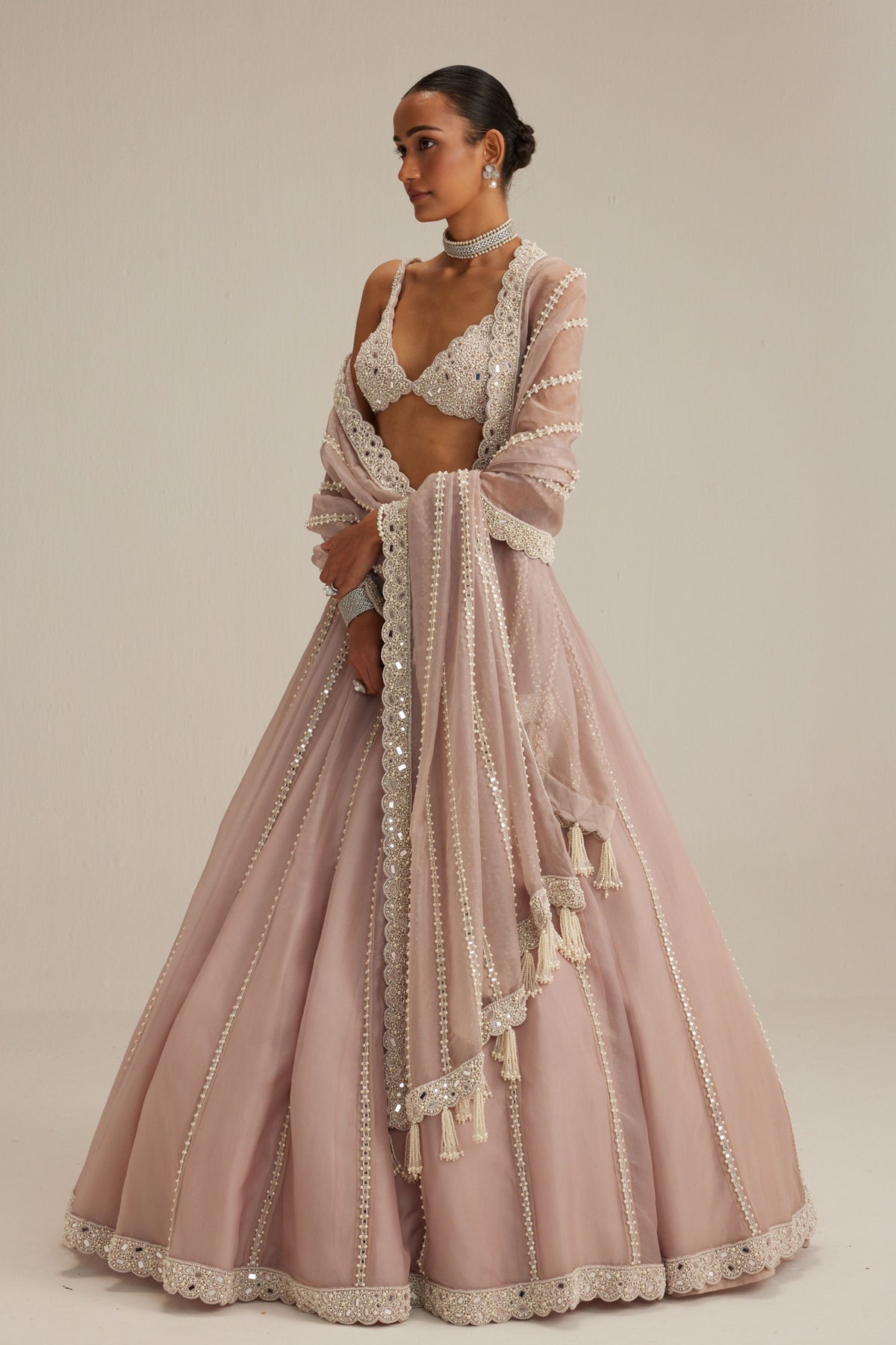 Ash Pink Pearl Mirror Lehenga