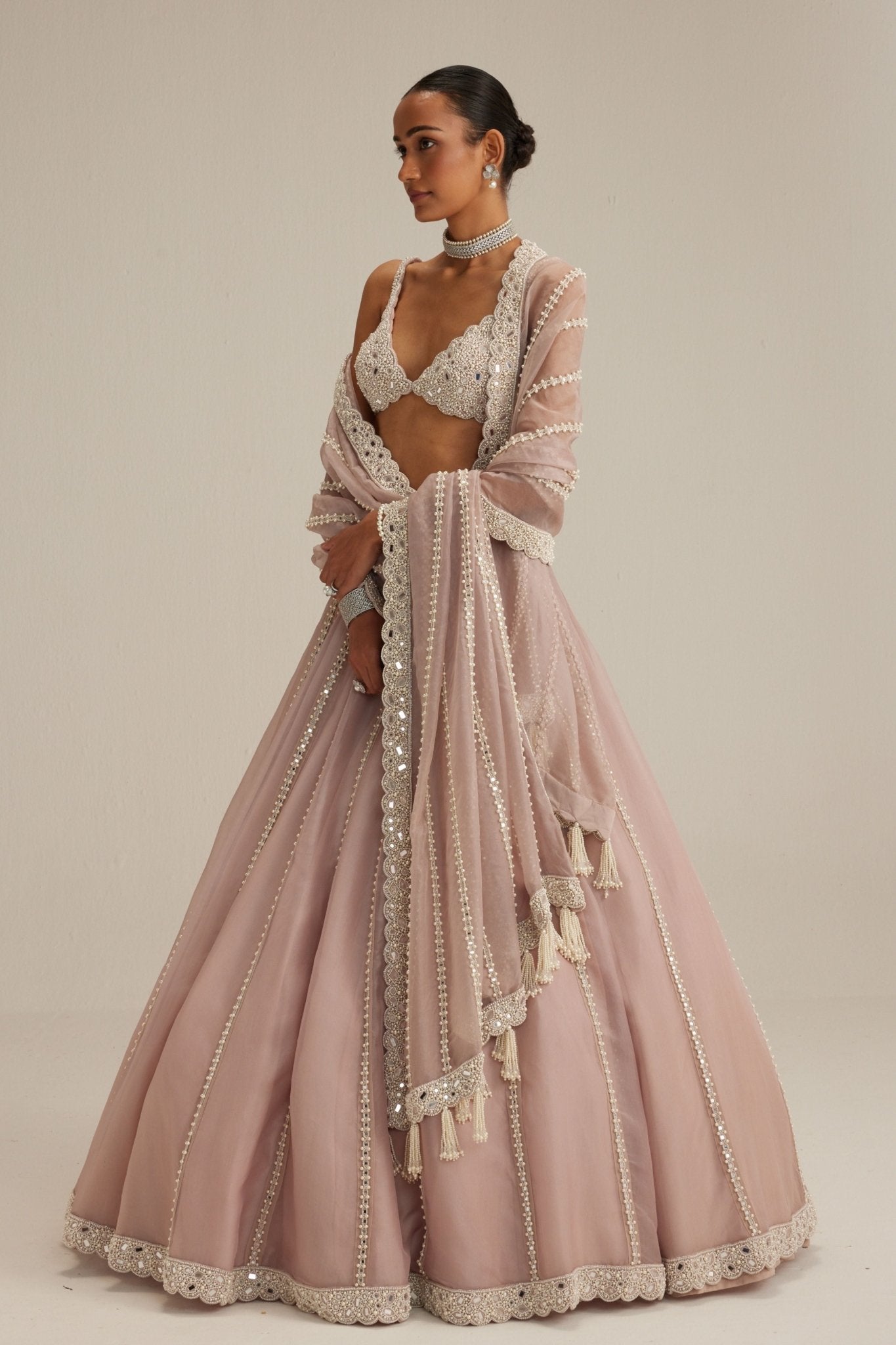 Ash Pink Pearl Mirror Lehenga - Vvani by Vani Vats - Elahe