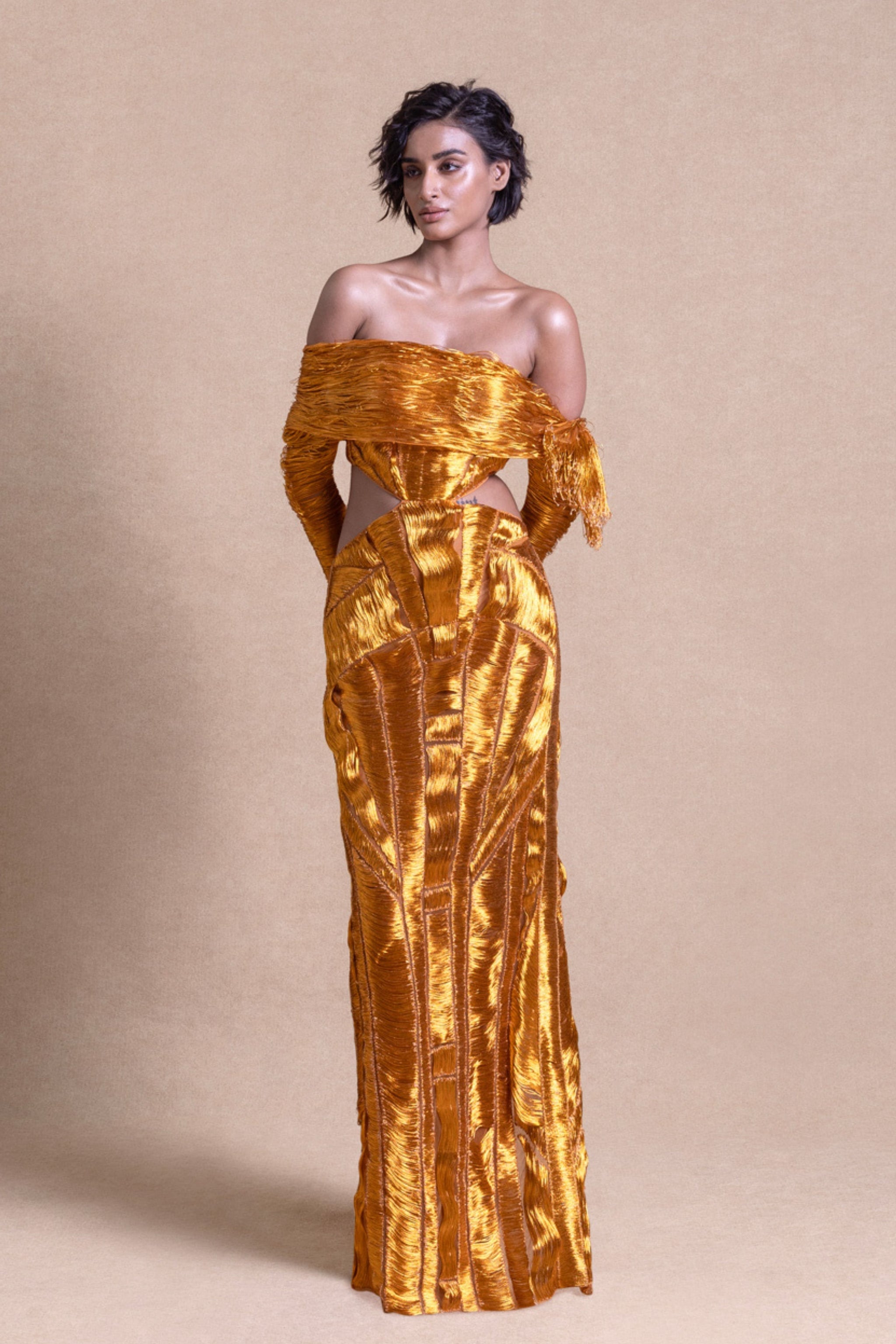 metallic yarn dress Gold & SIlver Metallic Yarn Hand Embroidered Dress Design by Akhl at Pernia's Pop Up Shop 2026