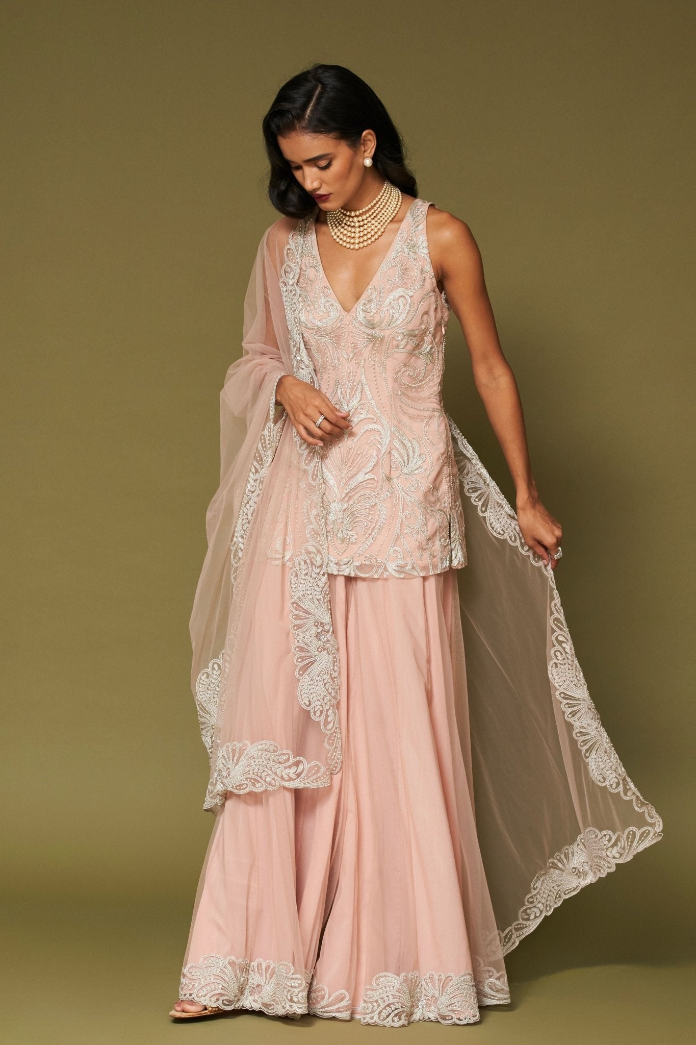 Blush Pink Embroidered Sharara Set - Devnaagri - Elahe