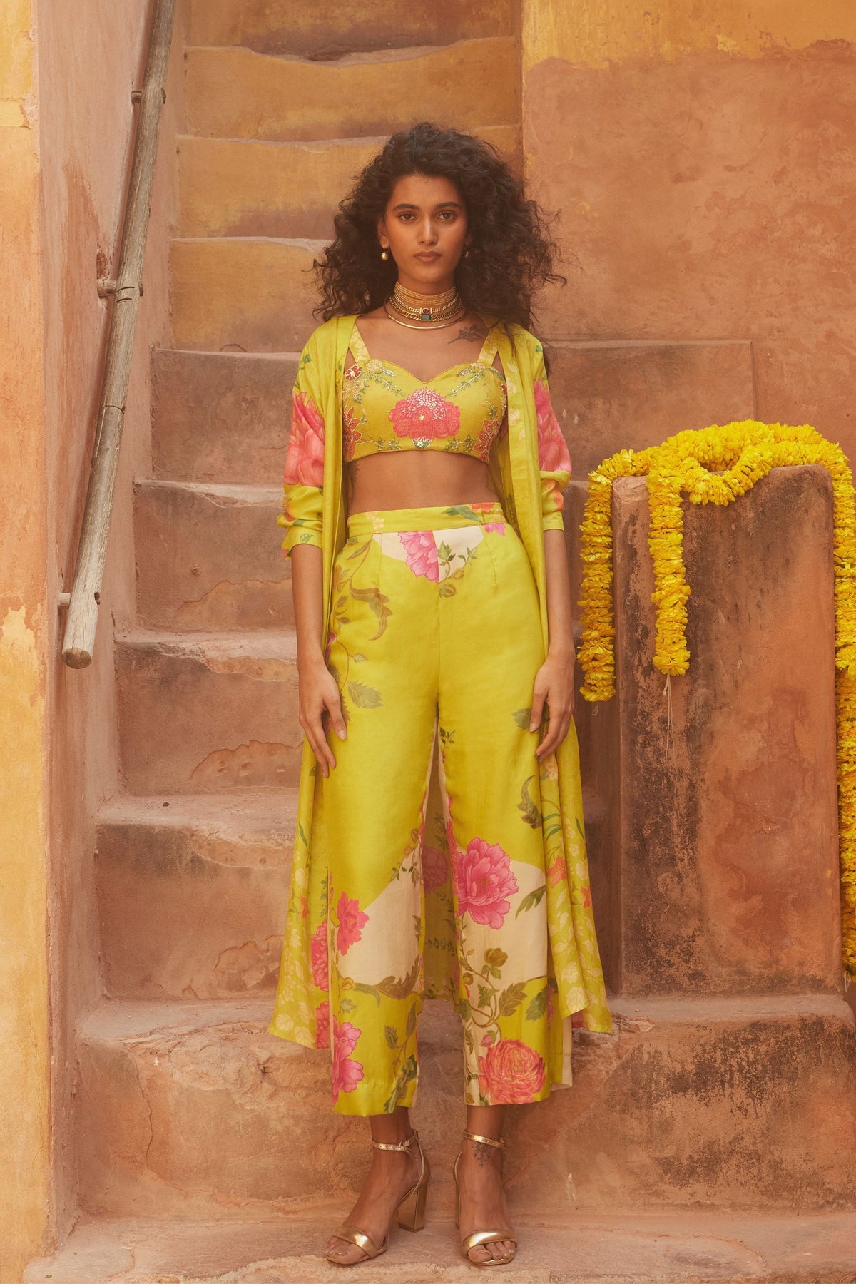 Printed Lime Yellow Jacket Set