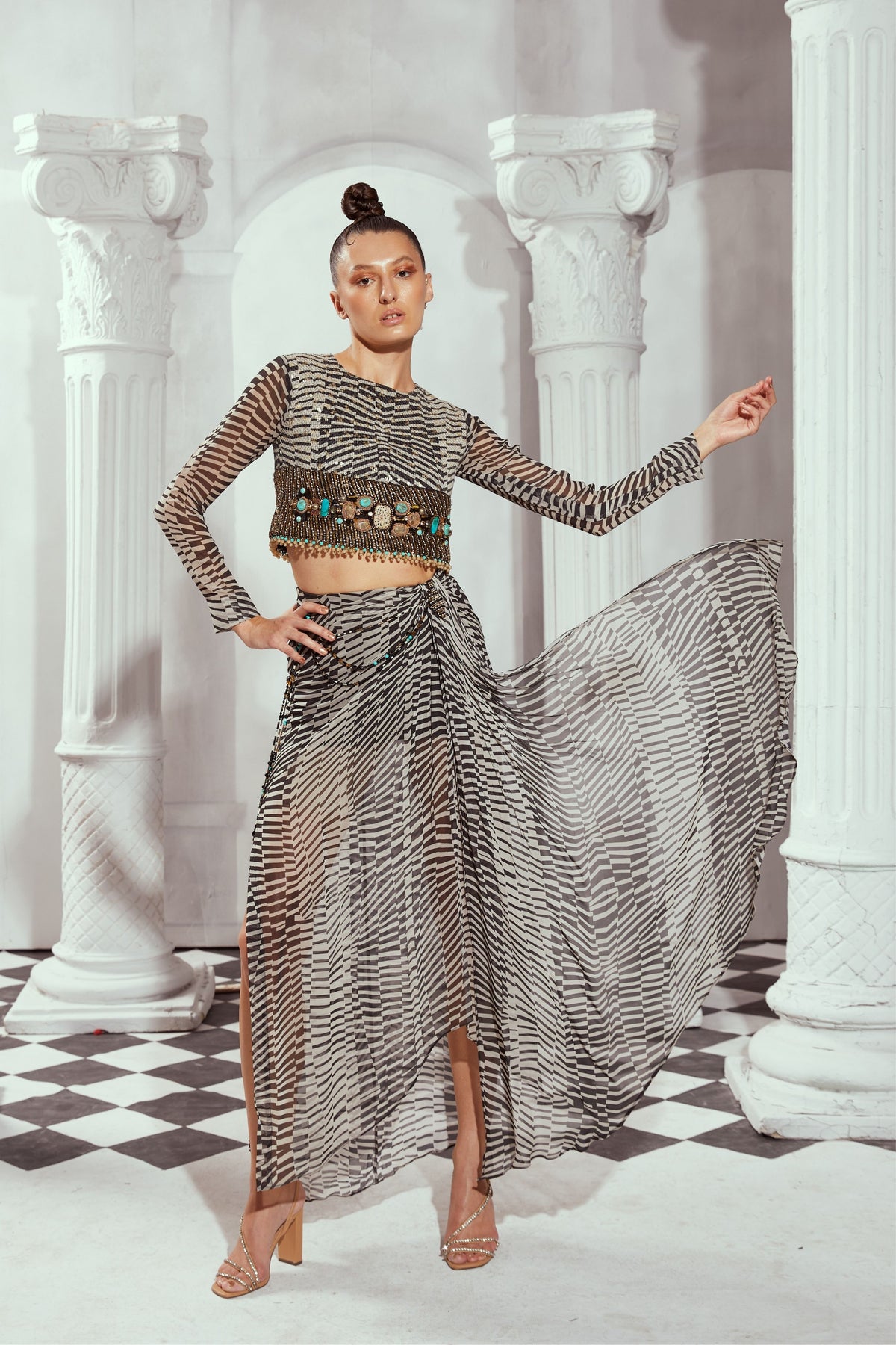 Byzantine Print Crop Top With Drapped Skirt