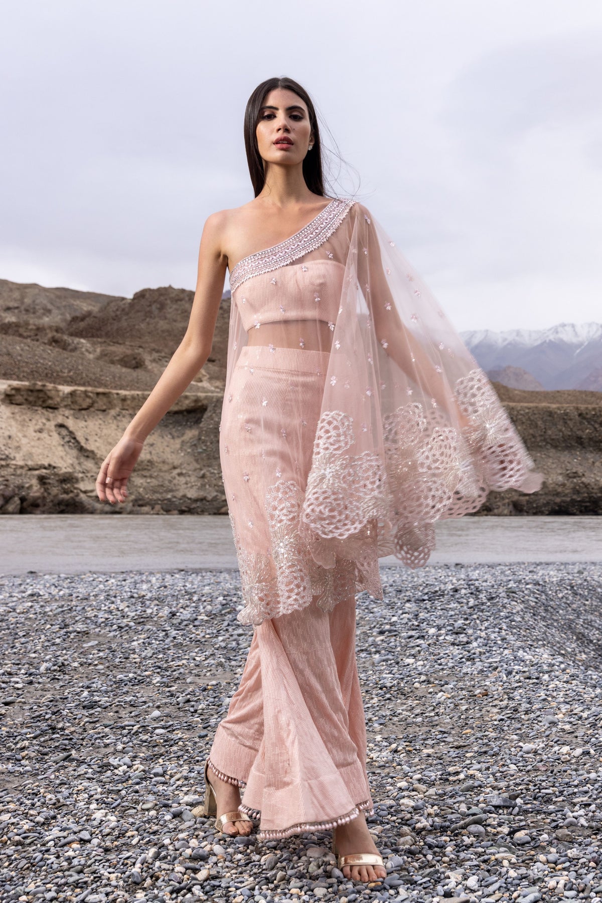 Pink One Shoulder Cape Set
