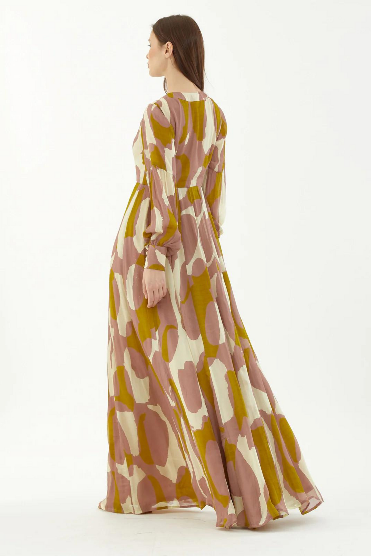 Peach, Mustard And Offwhite Front Open Abstract Dress