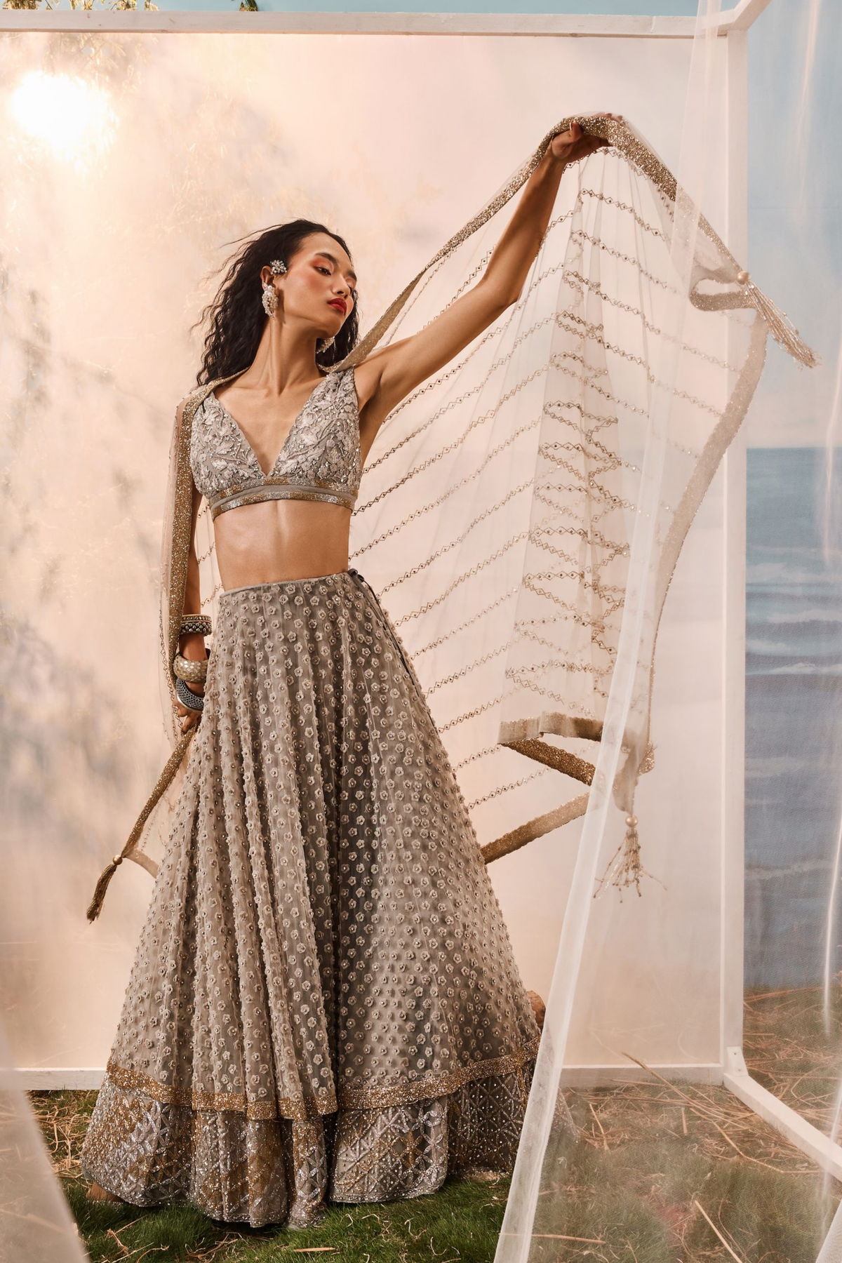 Grey 3d Flower Lehenga Set