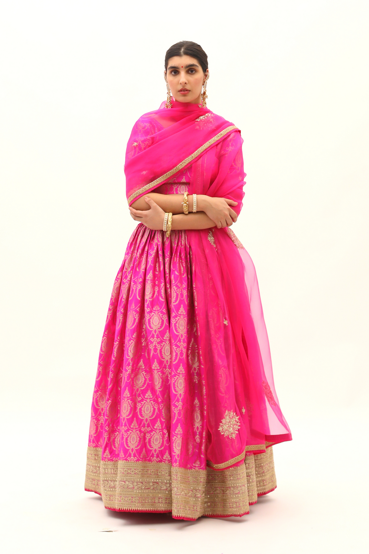 Fushia Pink Brocade Benarasi silk lehenga Set