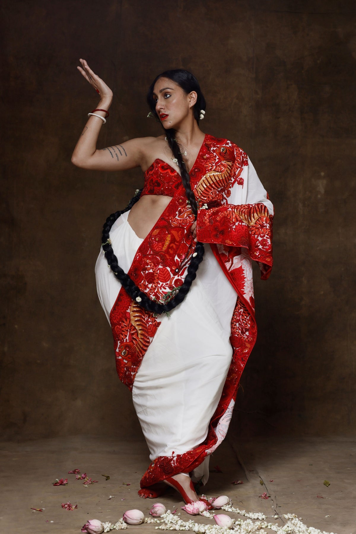 Red Tiger Border White Saree