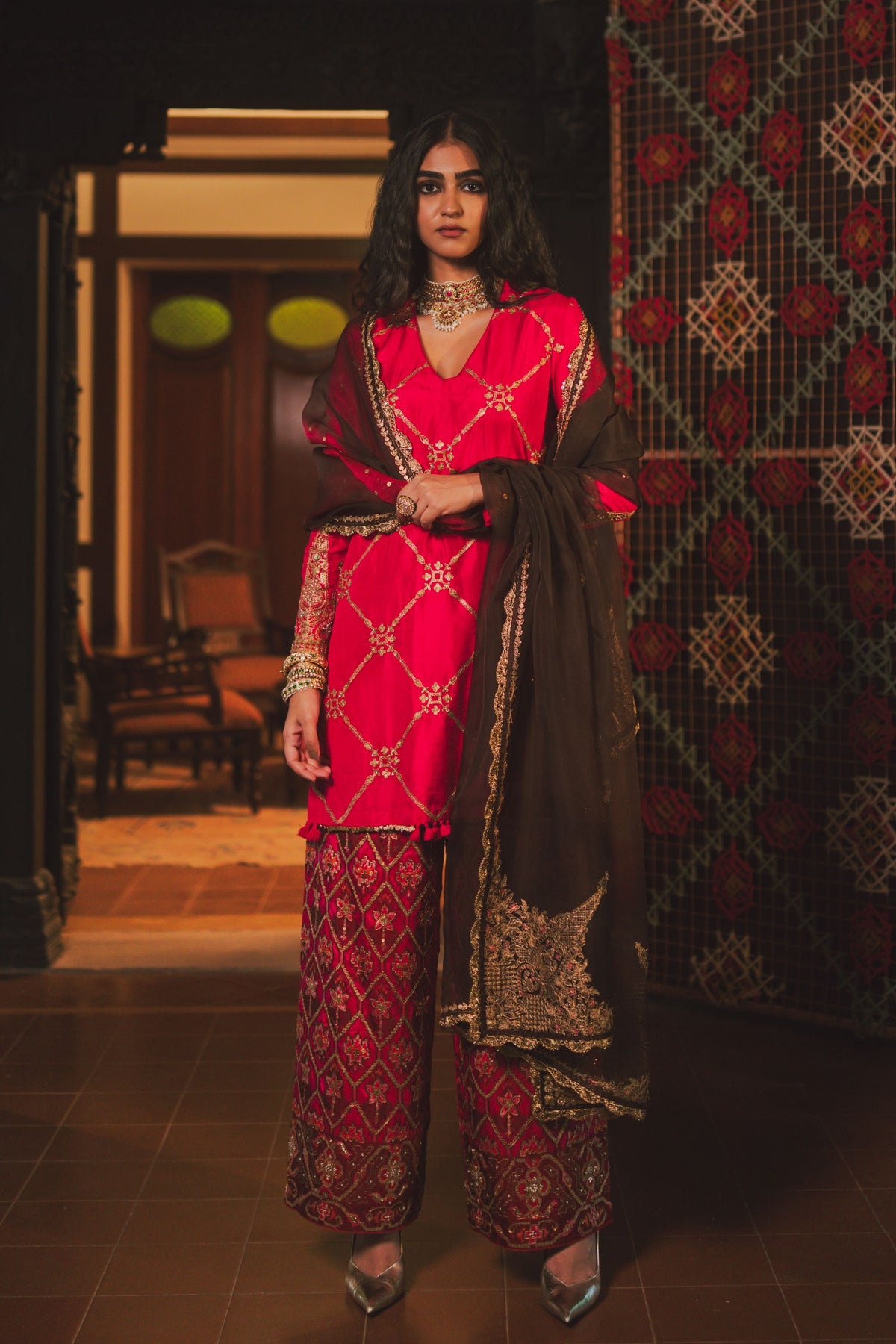 Brown With Pink Gul Dupatta