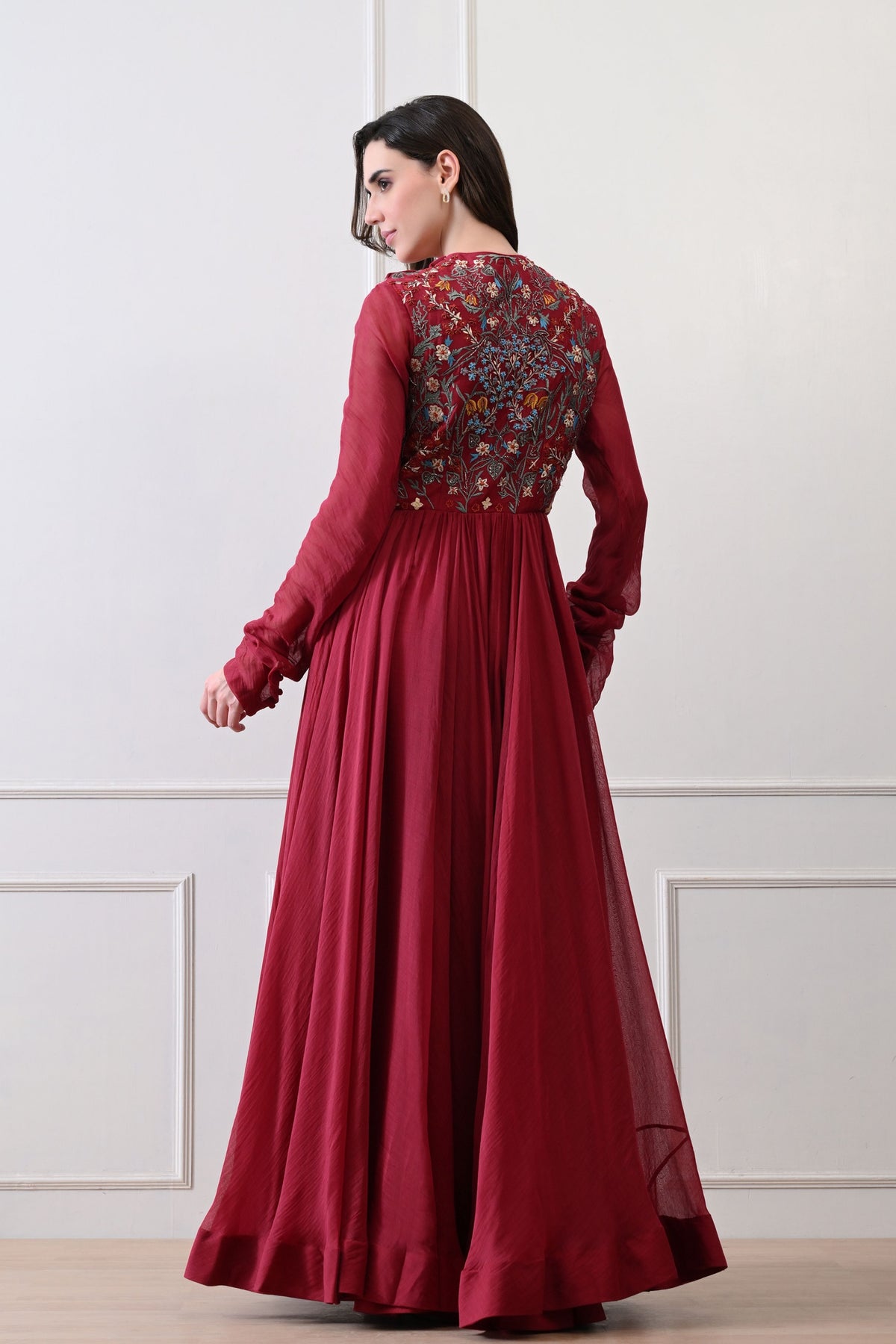 Maroon Pintuck Bodice Embroidered Anarkali