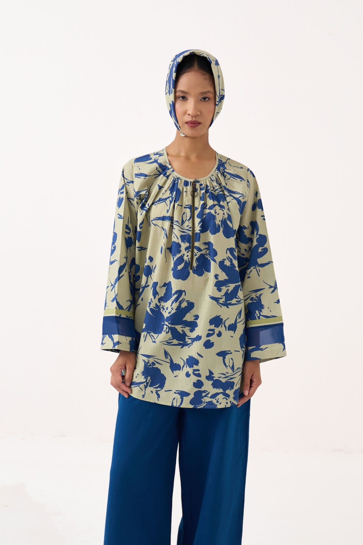 Wide Sleeve Gathered Neck Top