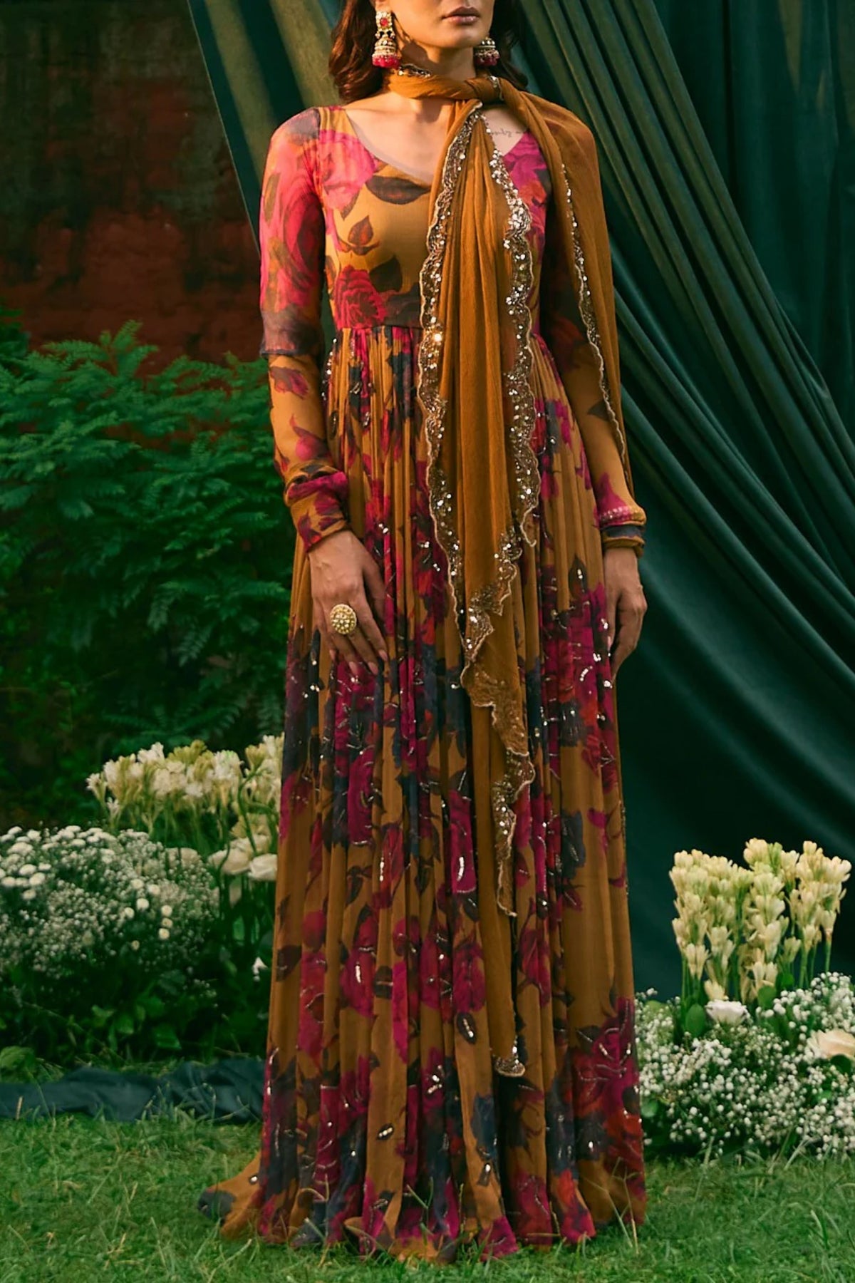 Mustard Floral Anarkali Set