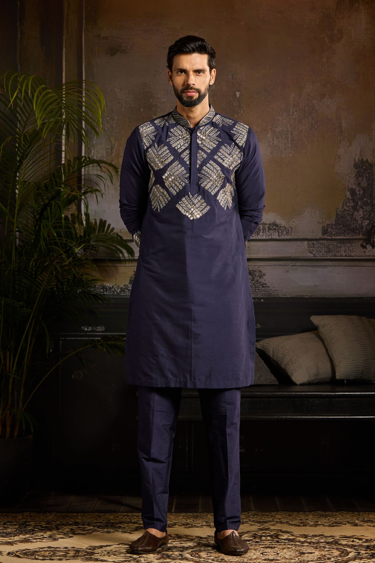 Dark Blue Embroidered Kurta Set