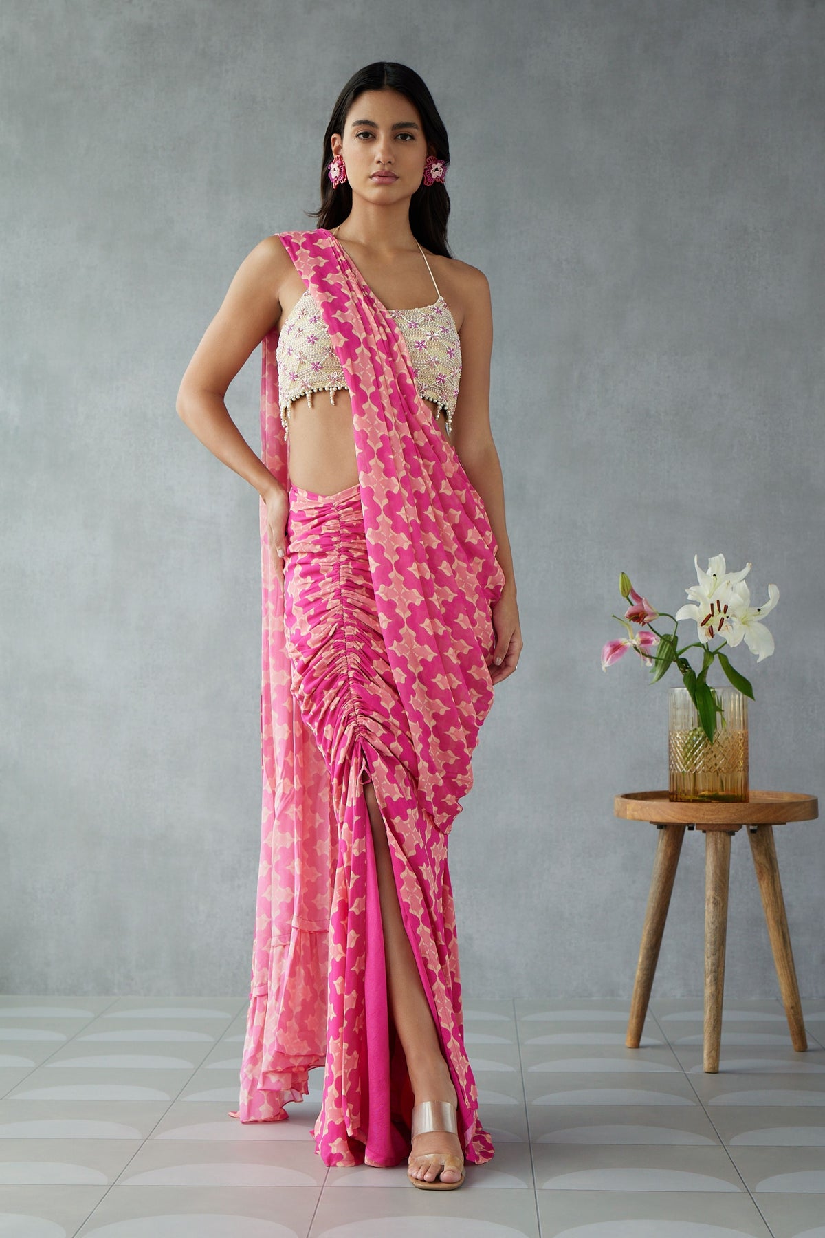 Knockout Pink Printed Saree Set