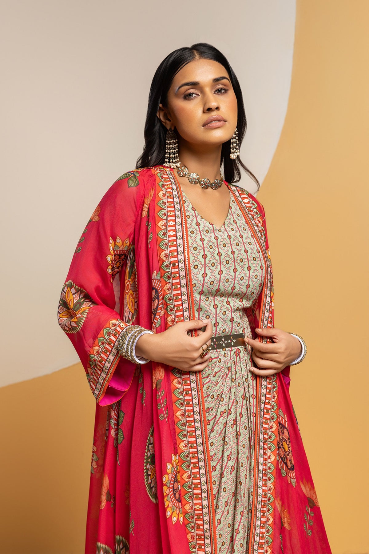 Multicolor Embellished Jacket Set