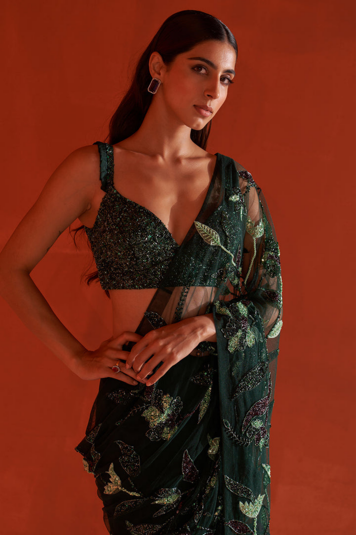 Hunter Green Net Saree